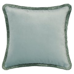 Aqua Velvet Cushion with Sage Green Fringe, Made in Como, Italy