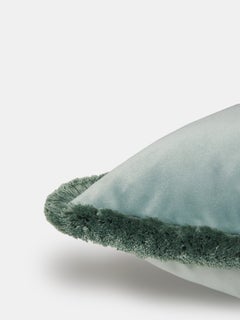 Aqua Velvet Cushion with Sage Green Fringe, Made in Como, Italy