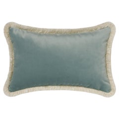 Aqua Velvet Cushion with Ivory Fringe, Made in Como, Italy