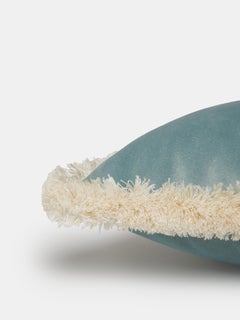 Aqua Velvet Cushion with Ivory Fringe, Made in Como, Italy