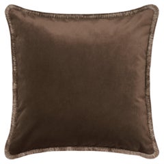 Earthy Brown Velvet Cushion with Tonal Fringe, Made in Como, Italy