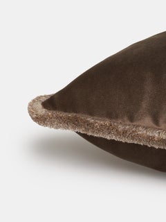 Earthy Brown Velvet Cushion with Tonal Fringe, Made in Como, Italy