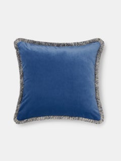 Dusty Blue Velvet Cushion with Mélange Fringe, Made in Como, Italy
