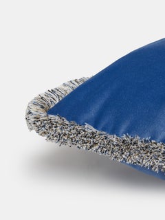 Dusty Blue Velvet Cushion with Mélange Fringe, Made in Como, Italy