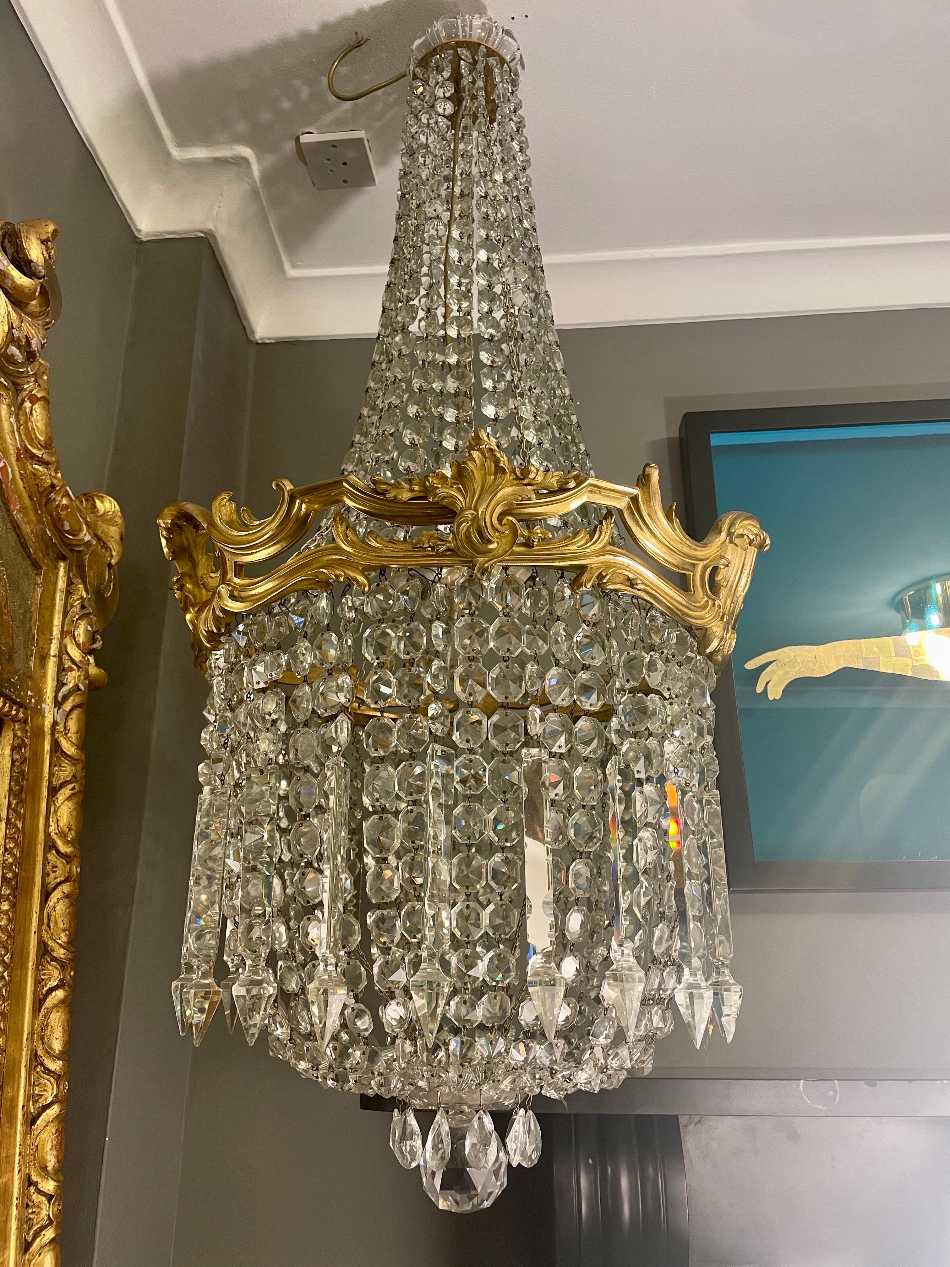Large French Antique Gilt Bronze and Crystal Chandelier For Sale 4