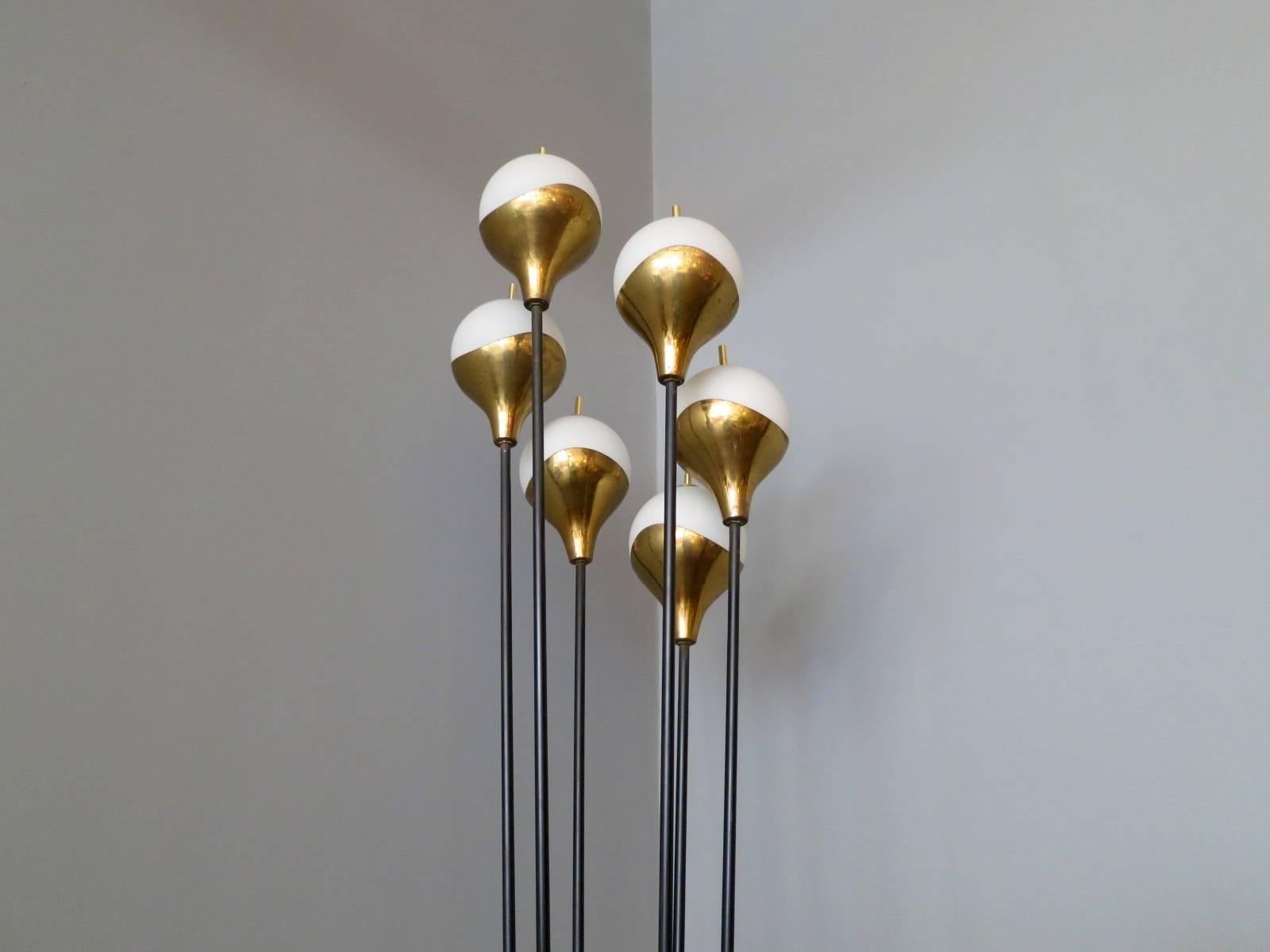 An elegant six light floor lamp by renowned Italian production company Stilnovo. A rare model with curved brass cups holding six opaque glass diffuser with brass finial tops. The black tell arms supported by a brass ring. The white marble base with