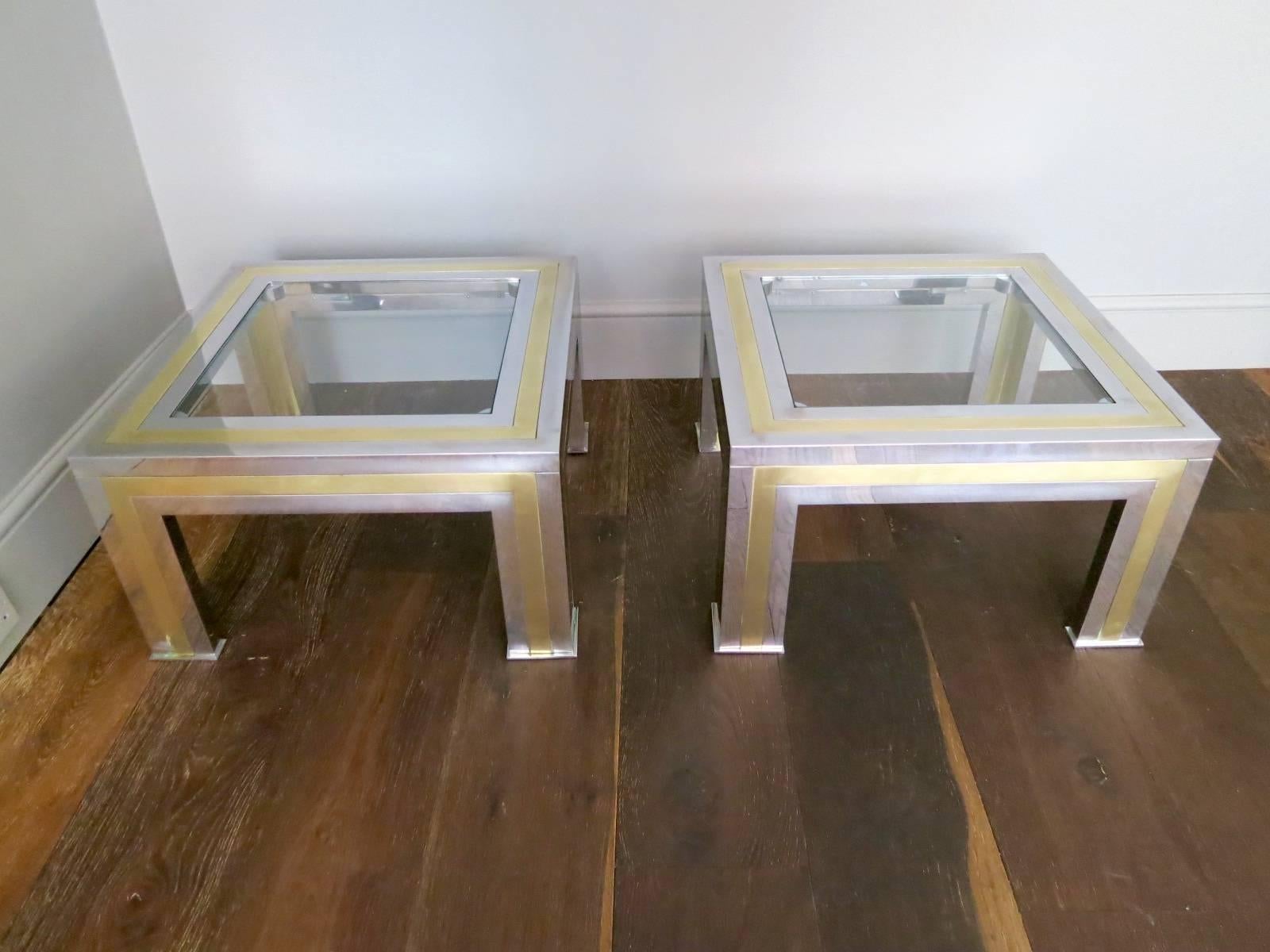 Modern Pair of Large French Brass and Chrome Side Tables