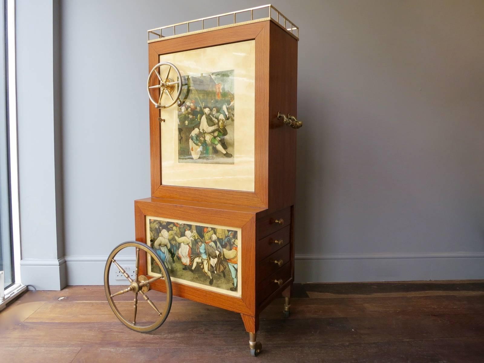An amusing Italian cocktail cabinet in rosewood, brass and lacquered parchment. The front panels depicting scenes from 16th century Flemish Artist Pieter Bruegel's. The wedding dance and the peasants wedding. Having a bank of drawers and single door