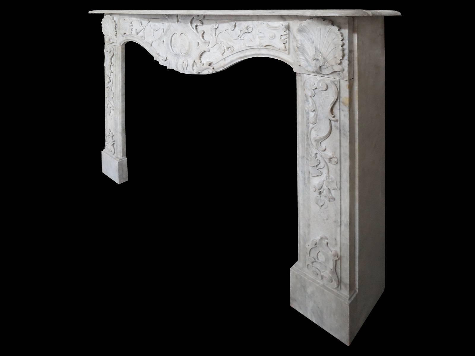Carved Late 18th Century Italian Fireplace Mantel in Carrara Marble
