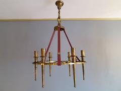 French Brass and Leather Chandelier Attributed to Hermes