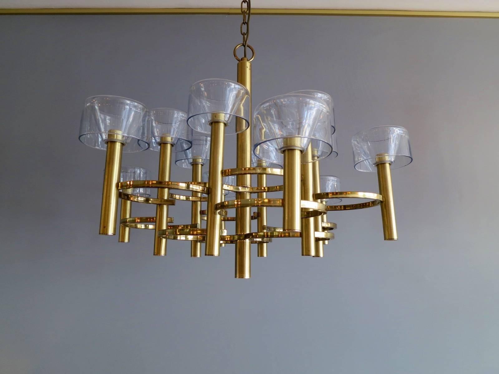 Italian Modernist Brass and Glass Chandelier In Excellent Condition In London, GB