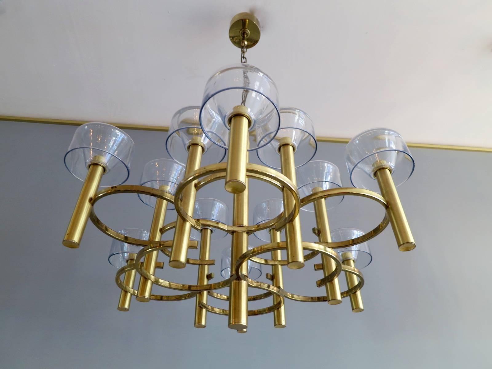 Italian Modernist Brass and Glass Chandelier 2