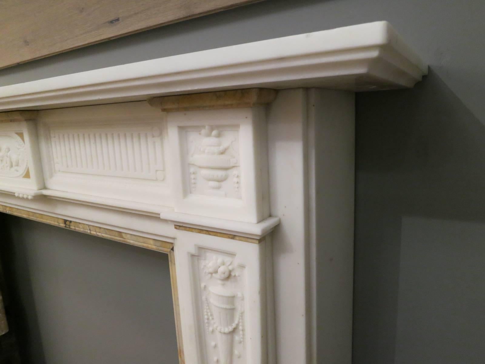Carved Antique English Fireplace Mantel in Statuary White Marble For Sale