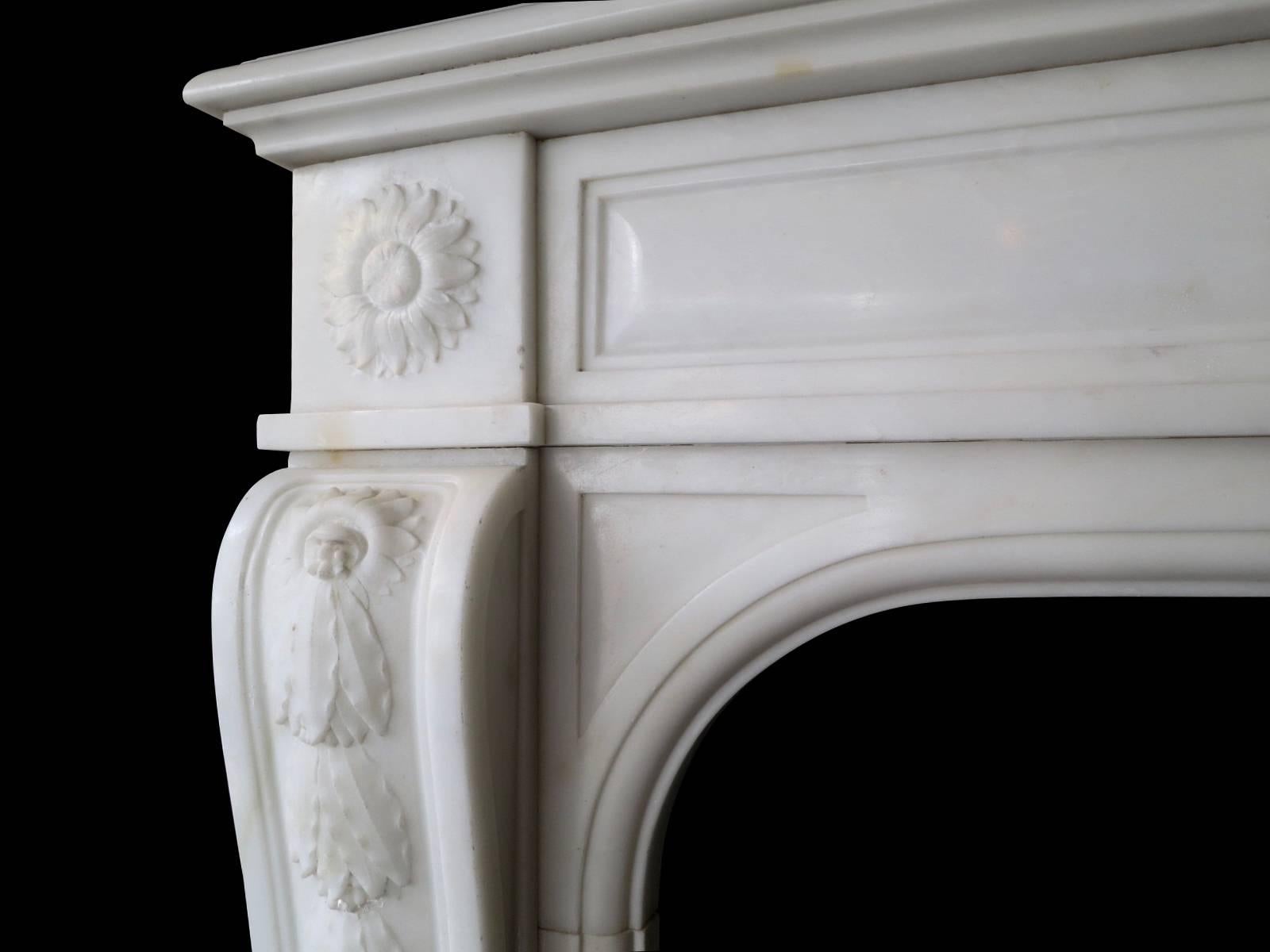 Carved 19th Century Statuary White Marble French Fireplace Mantel