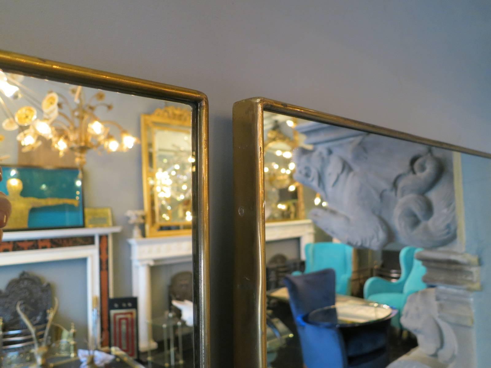 Mid-Century Modern Pair of Italian Brass Framed Mirrors