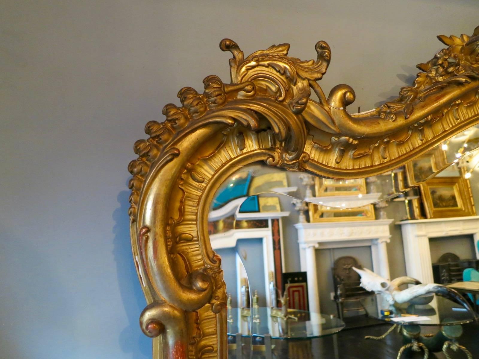 French Rococo Gold Gilt Overmantel Mirror In Excellent Condition In London, GB
