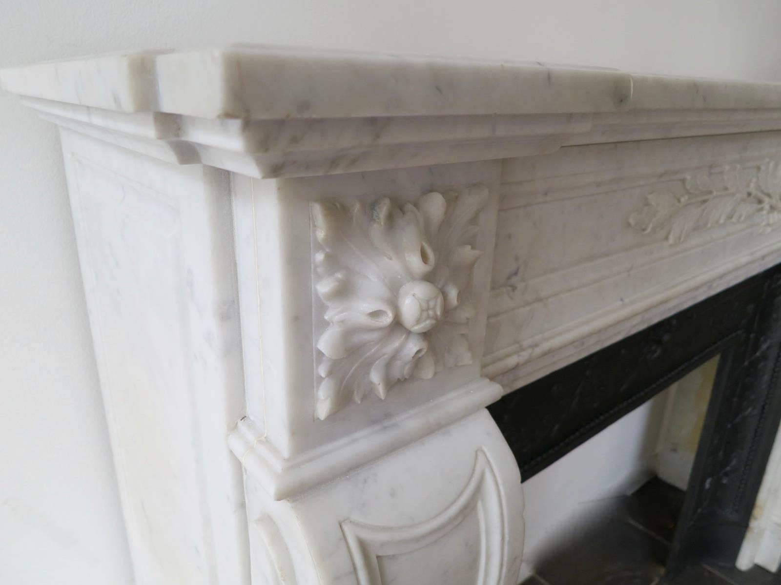 Carved Antique Marble French Louis XVI Style Fireplace Mantel with Cast Iron Insert