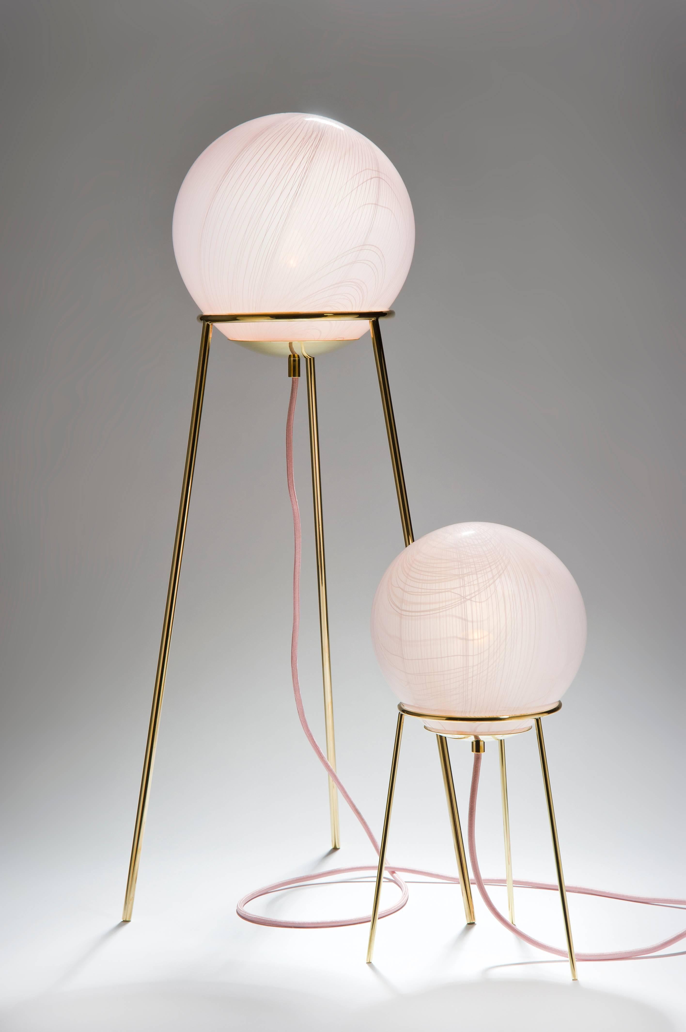 
Handblown glass globes in soft pink opal with 'canne' patterning, bespoke brass base.
Available in two sizes and pastel colours, mint green and pale pink. Handmade to order, each one totally unique due to the handblown glass technique. Available in