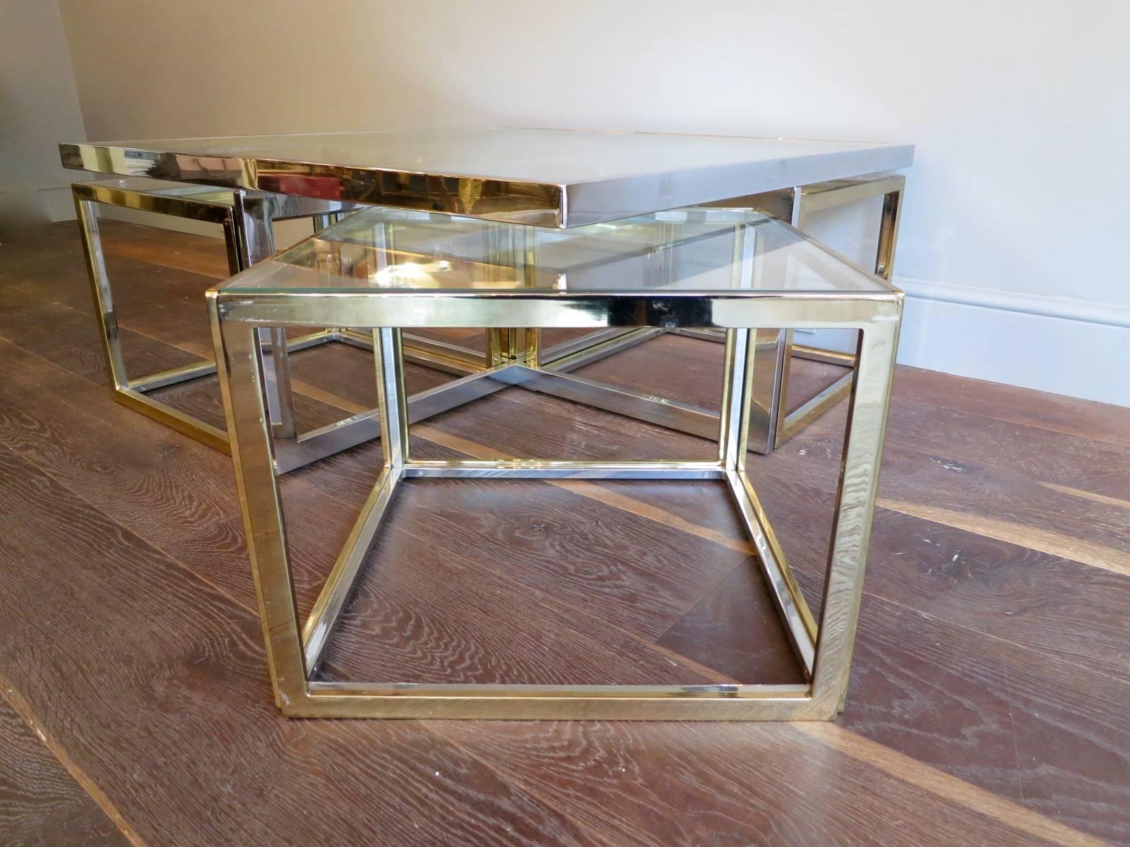 French Large Square Coffee Table in Brass and Chrome by Jean Charles
