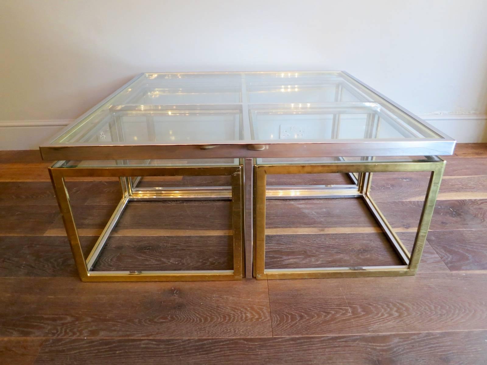 Late 20th Century Large Square Coffee Table in Brass and Chrome by Jean Charles