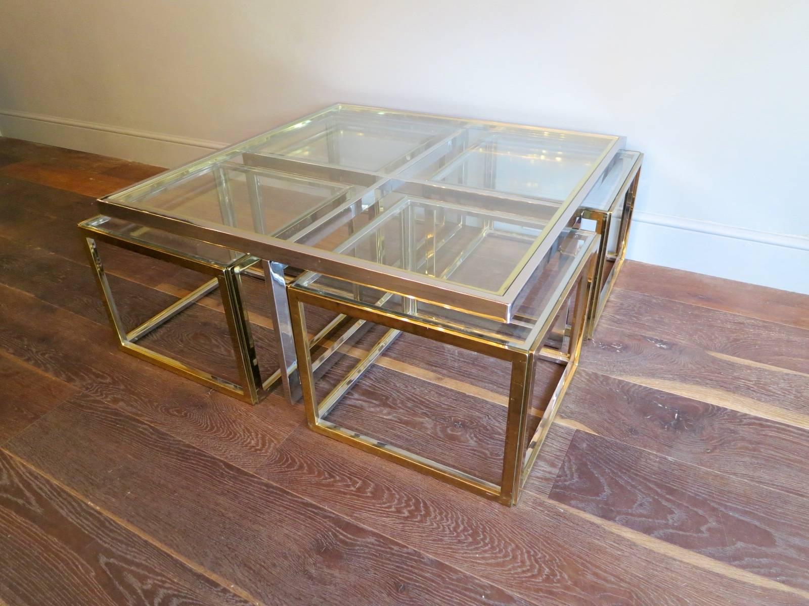 Large Square Coffee Table in Brass and Chrome by Jean Charles 1
