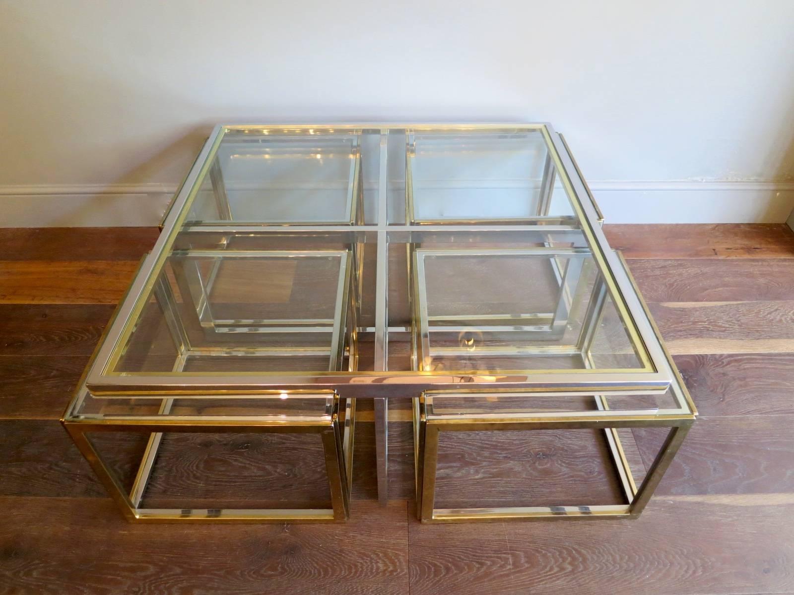 Large Square Coffee Table in Brass and Chrome by Jean Charles 2