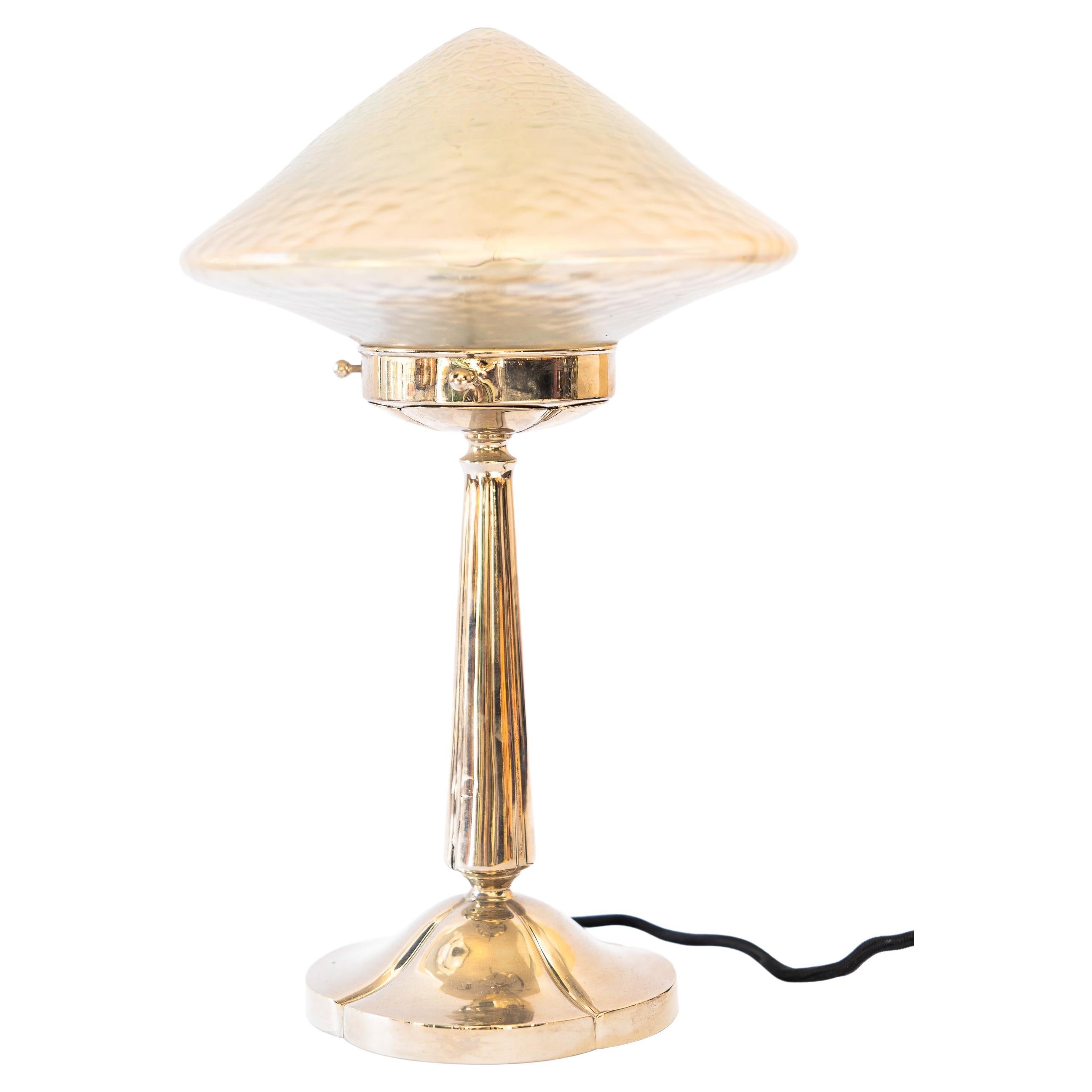 Nickel-Plated Brass Table Lamp with Beautiful Glass For Sale