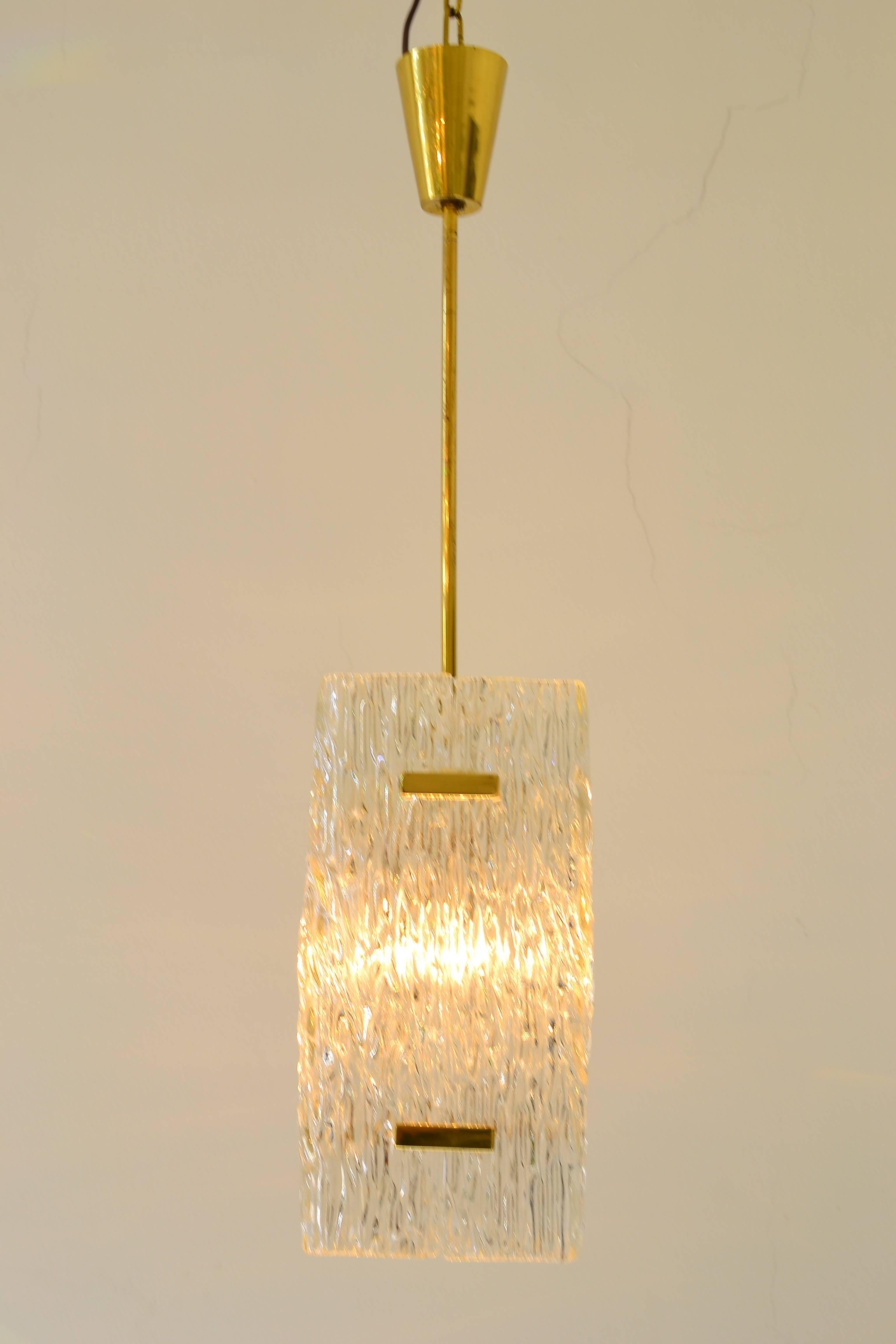 Textured Glass and Brass Pendants by J.T. Kalmar For Sale 1