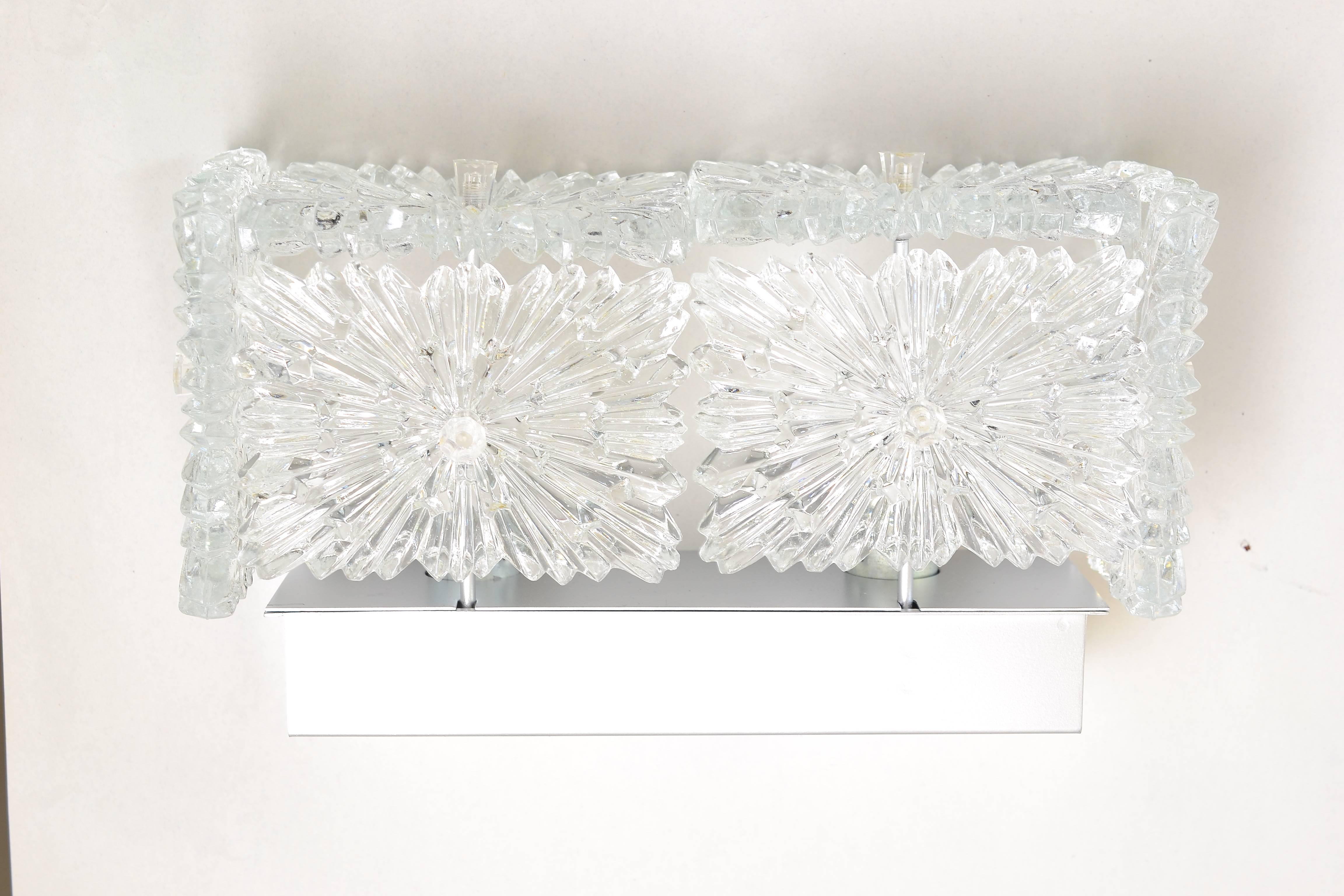 Pair Large Crystal Glass Wall Sconces Lamps by Kinkeldey
bove are the same lamps only the size are different
the size of the small one is: 
H: 9cm
W: 26cm
D: 15cm