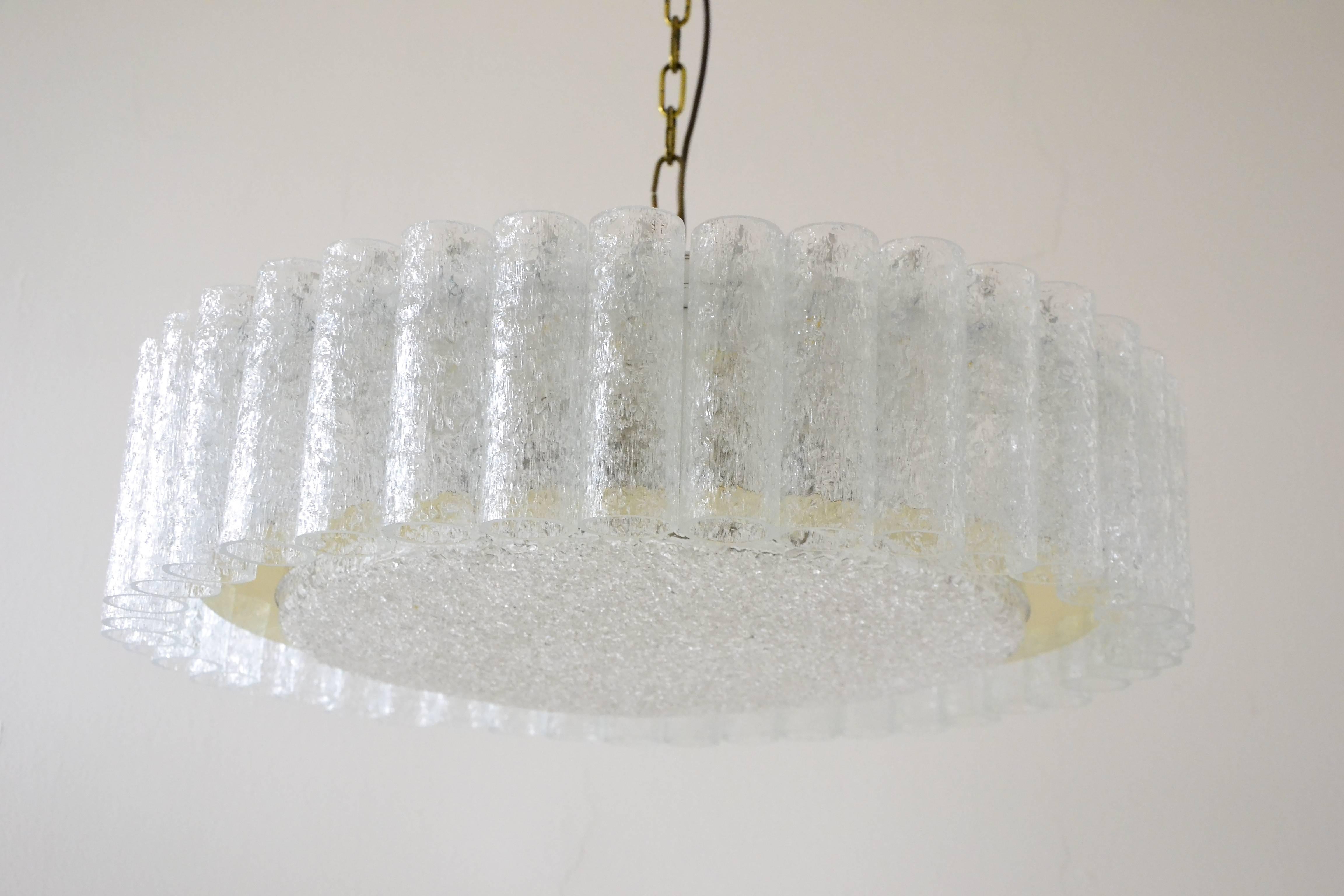 Beautiful, XL glass flush mount from the 60s with a brass surrounding. Fantastic quality. 
Takes six E-27 base bulbs. 