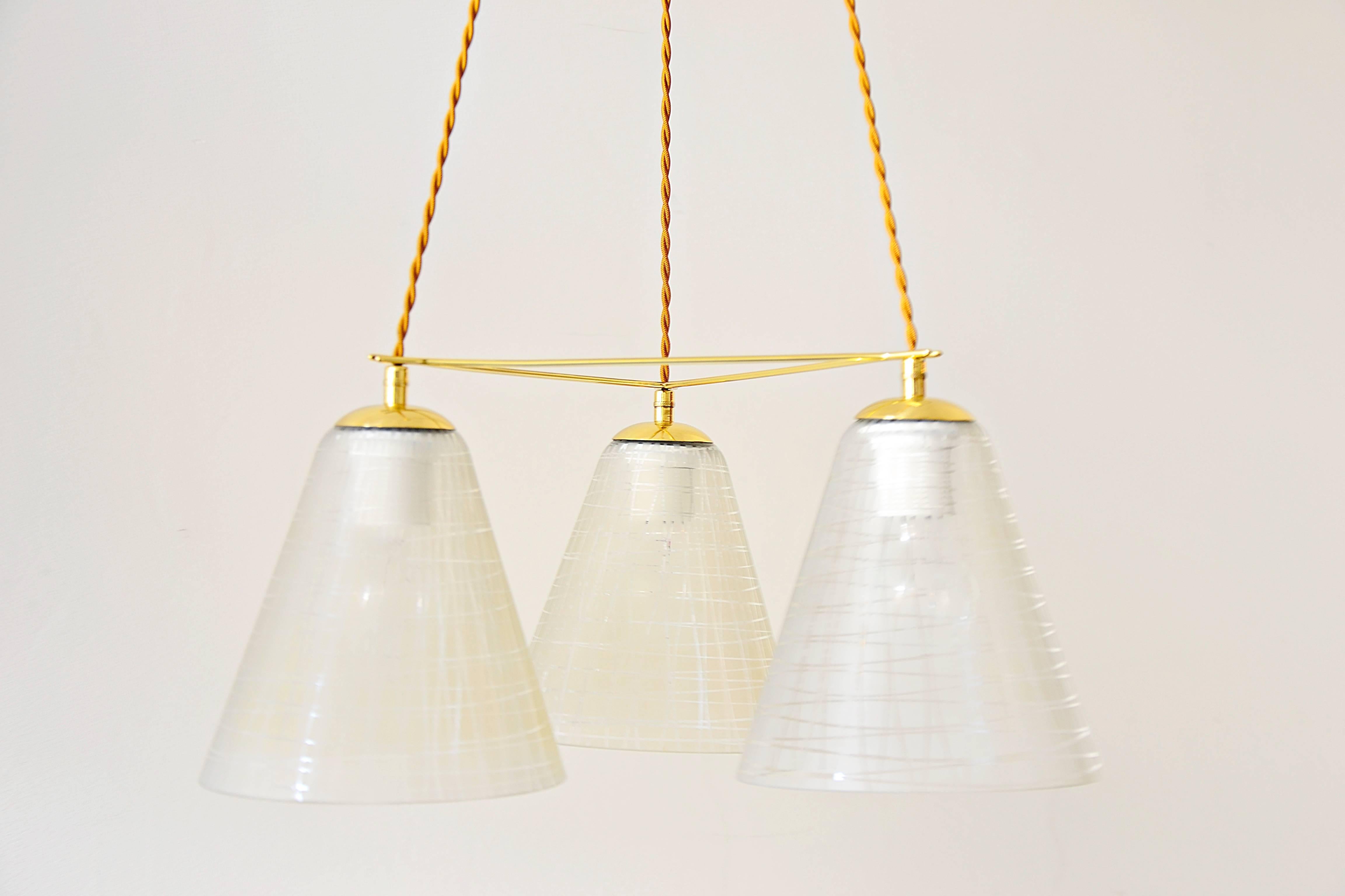 Austrian Triangular Chandelier with Beautiful Original Glass Shades, 1960s