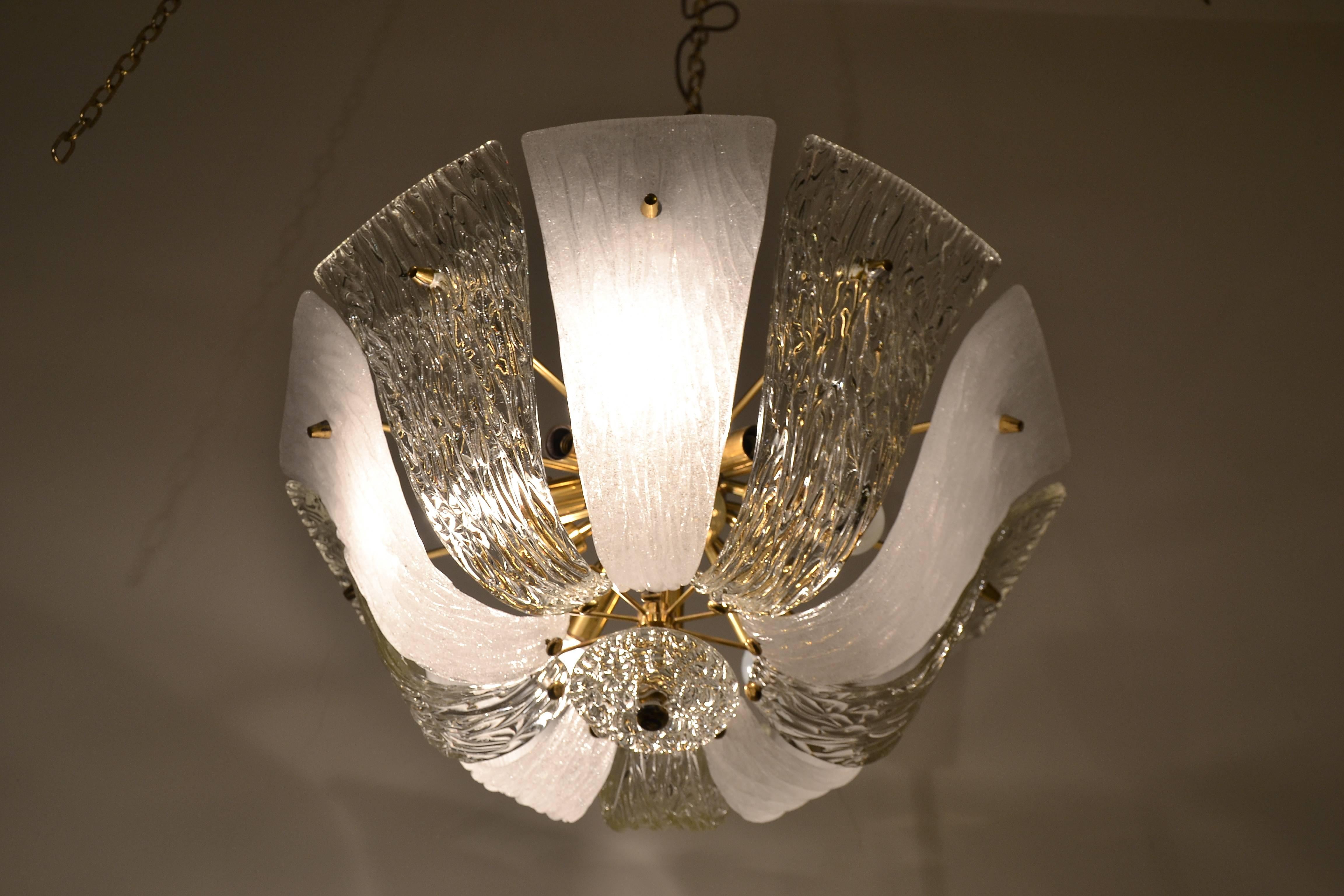 Mid-Century Modern Brass and Textured Glass and Frosted Glass Chandelier by Kalmar, 1950s