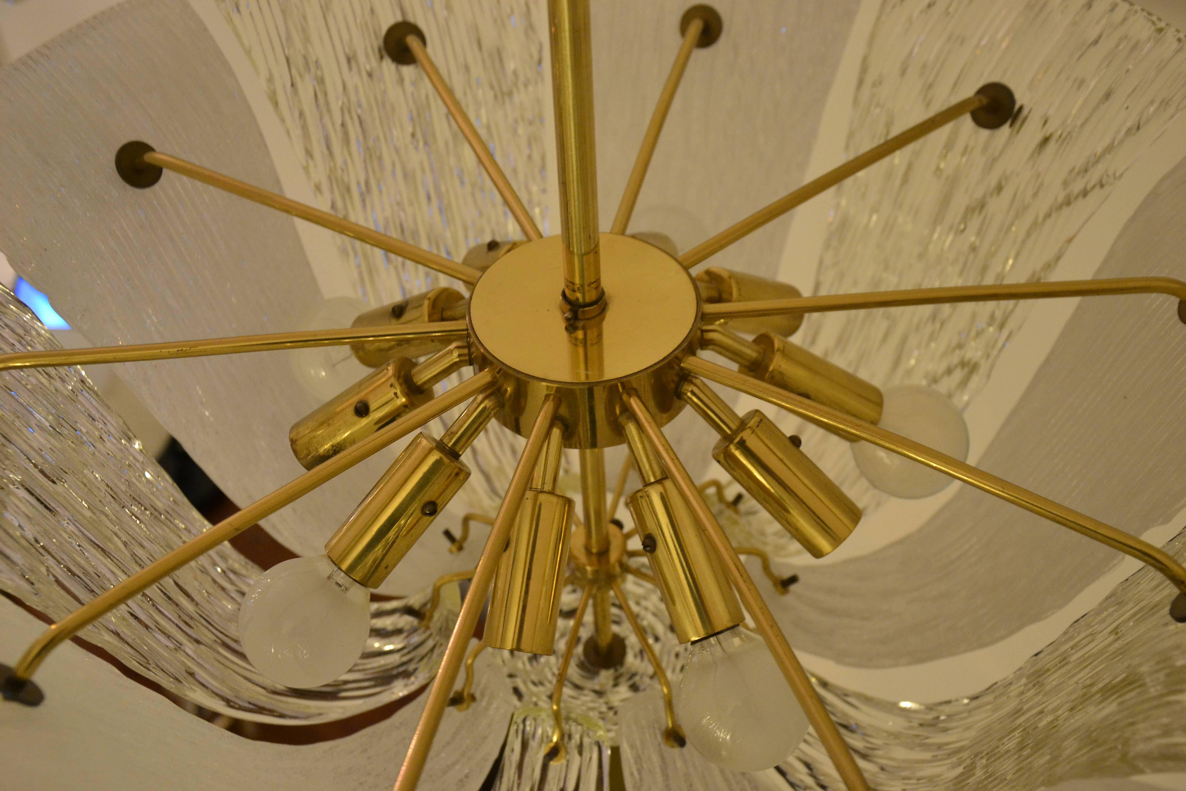 Brass and Textured Glass and Frosted Glass Chandelier by Kalmar, 1950s 1