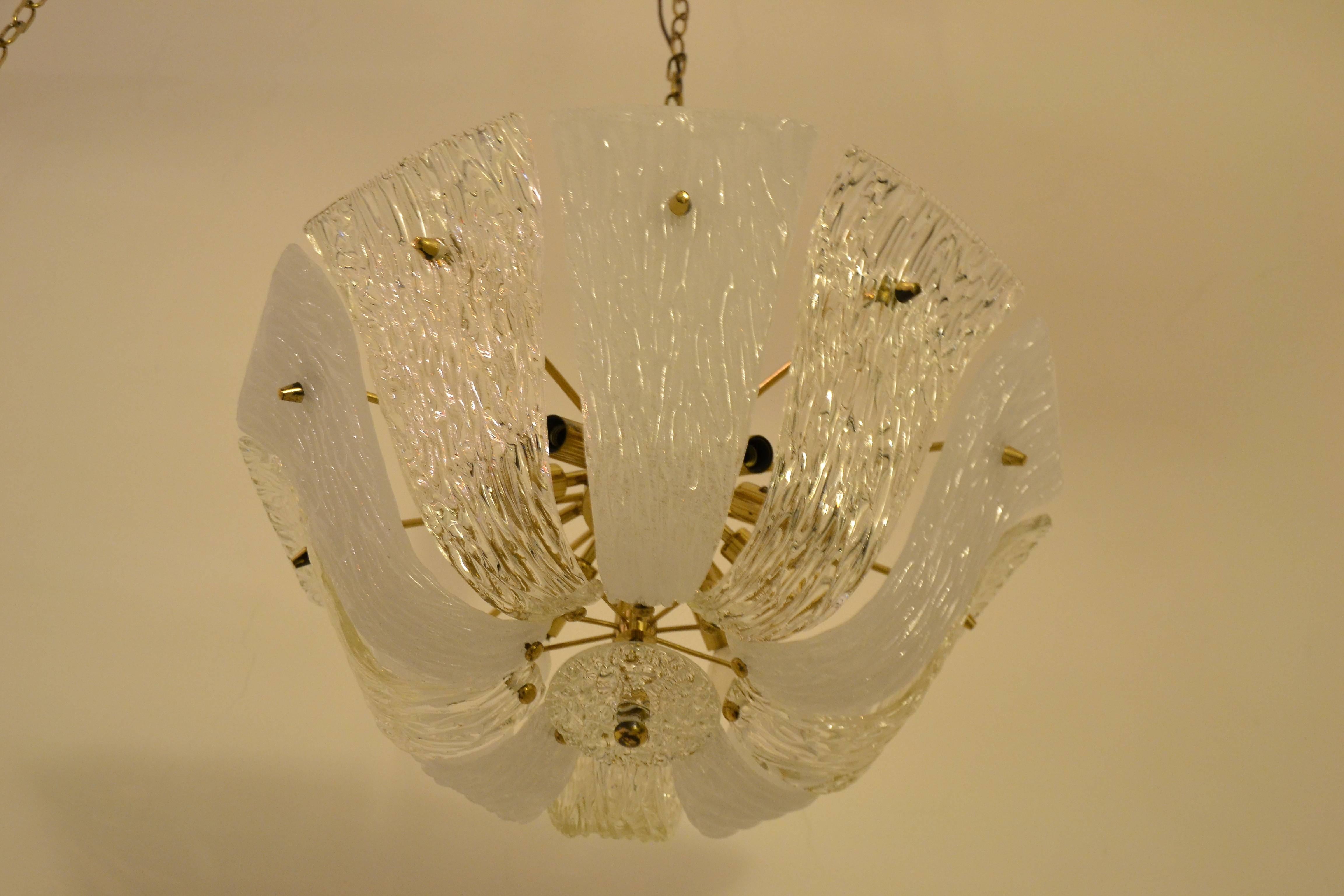 Austrian Brass and Textured Glass and Frosted Glass Chandelier by Kalmar, 1950s