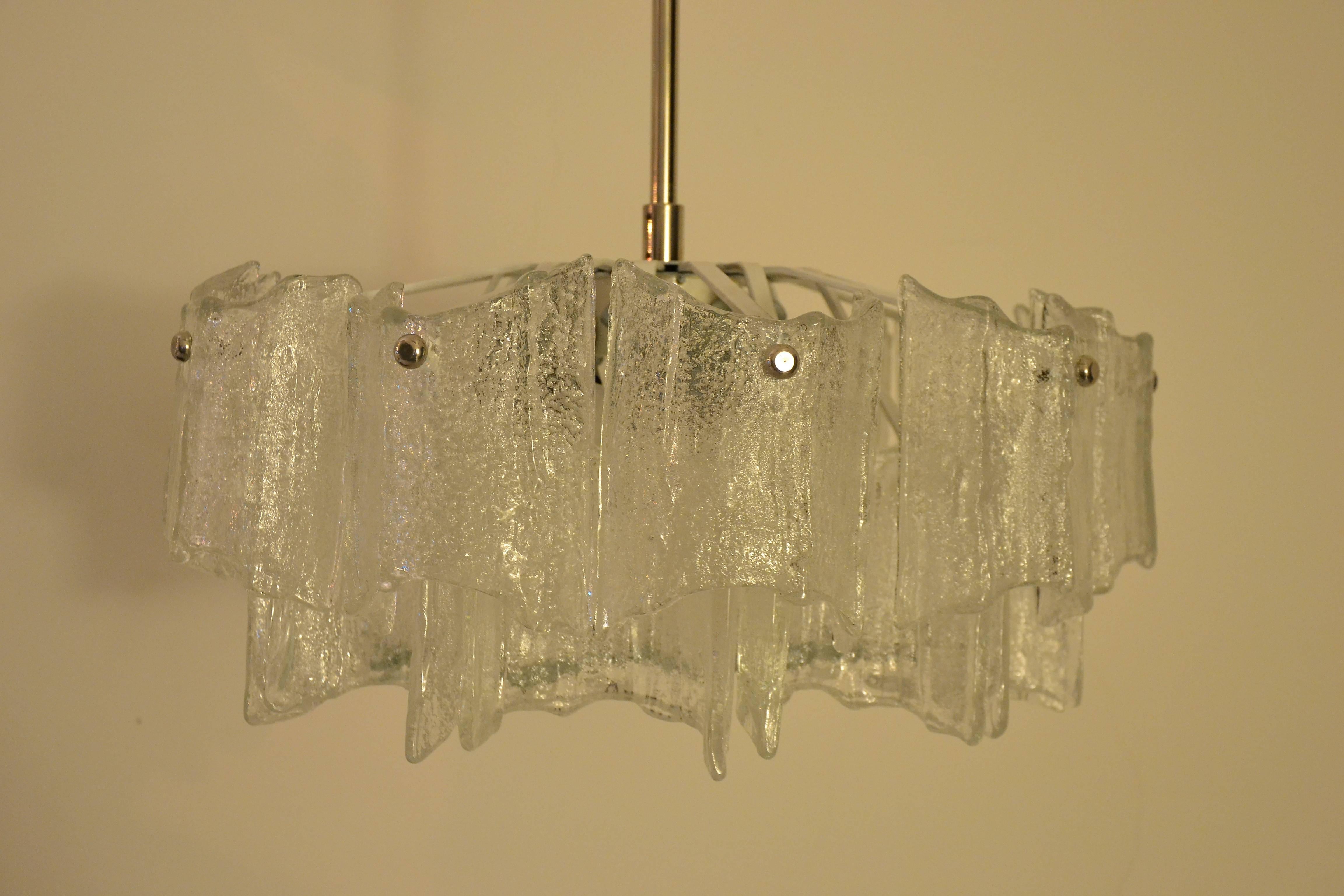 Kalmar Frosted glass chandelier, Austria, 1960s.
A beautiful Austrian Modernist chandelier, designed and executed by Kalmar Vienna.
 High is adjustable to room high.
Six bulbs.
