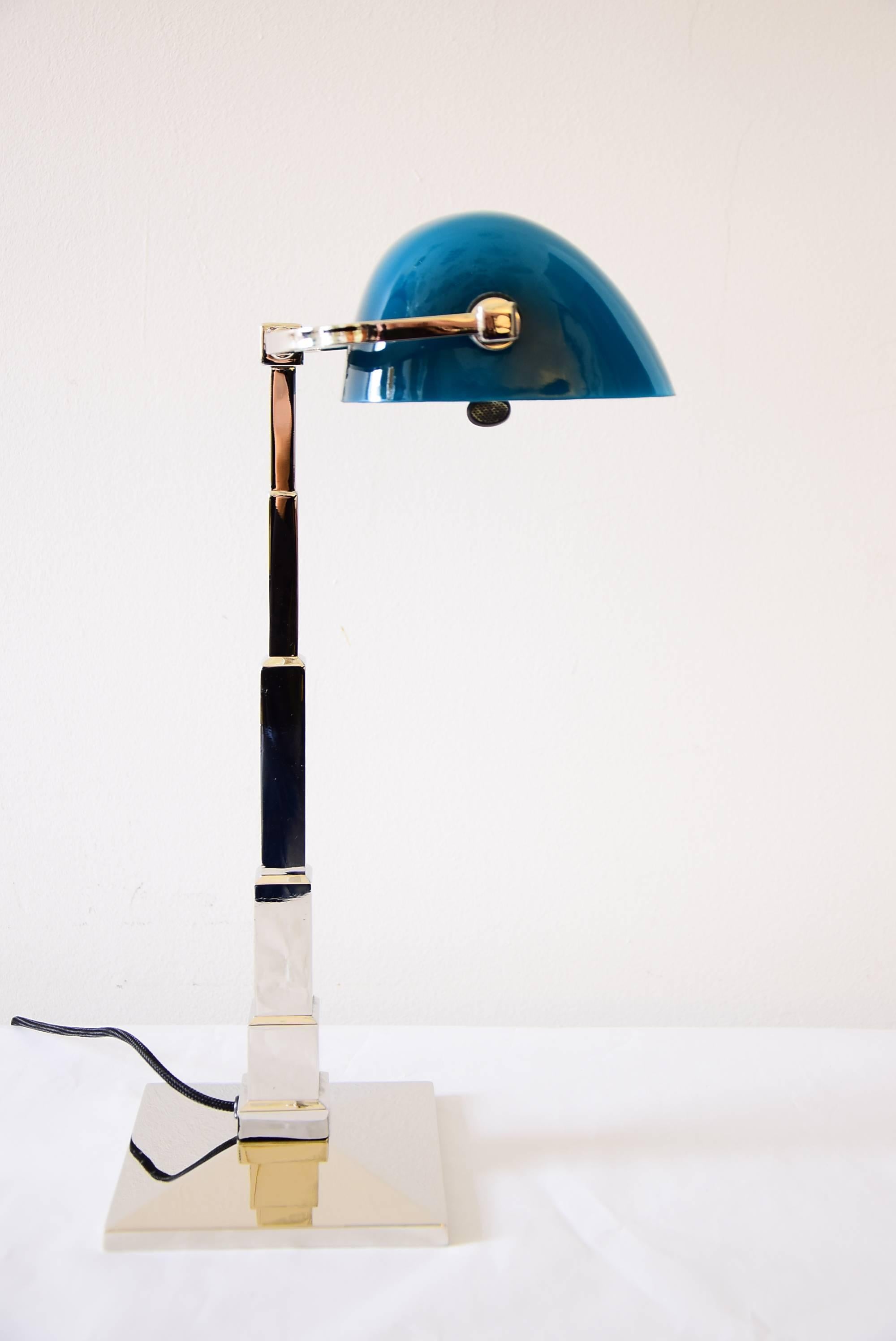 Jugendstil Banker's Desk Lamp Nickel Platend with Green-Blue Glass