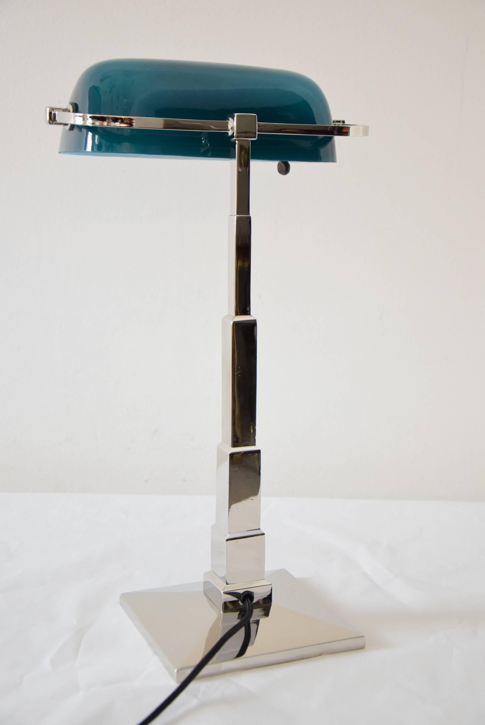 Plated Banker's Desk Lamp Nickel Platend with Green-Blue Glass
