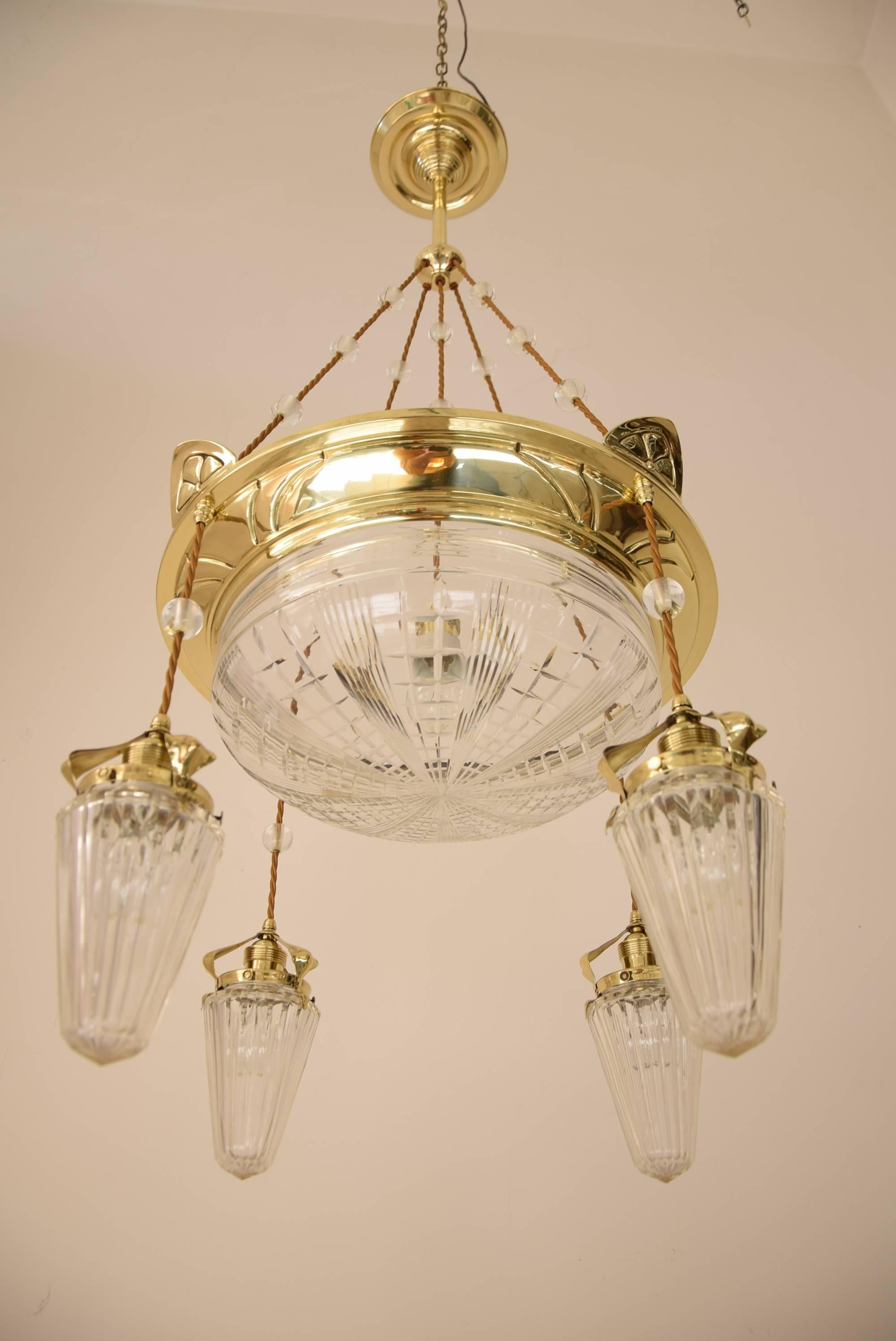 Amazing Jugendstil chandelier, circa 1910.
Original cut-glass and glass balls
polished and stove enameled.
