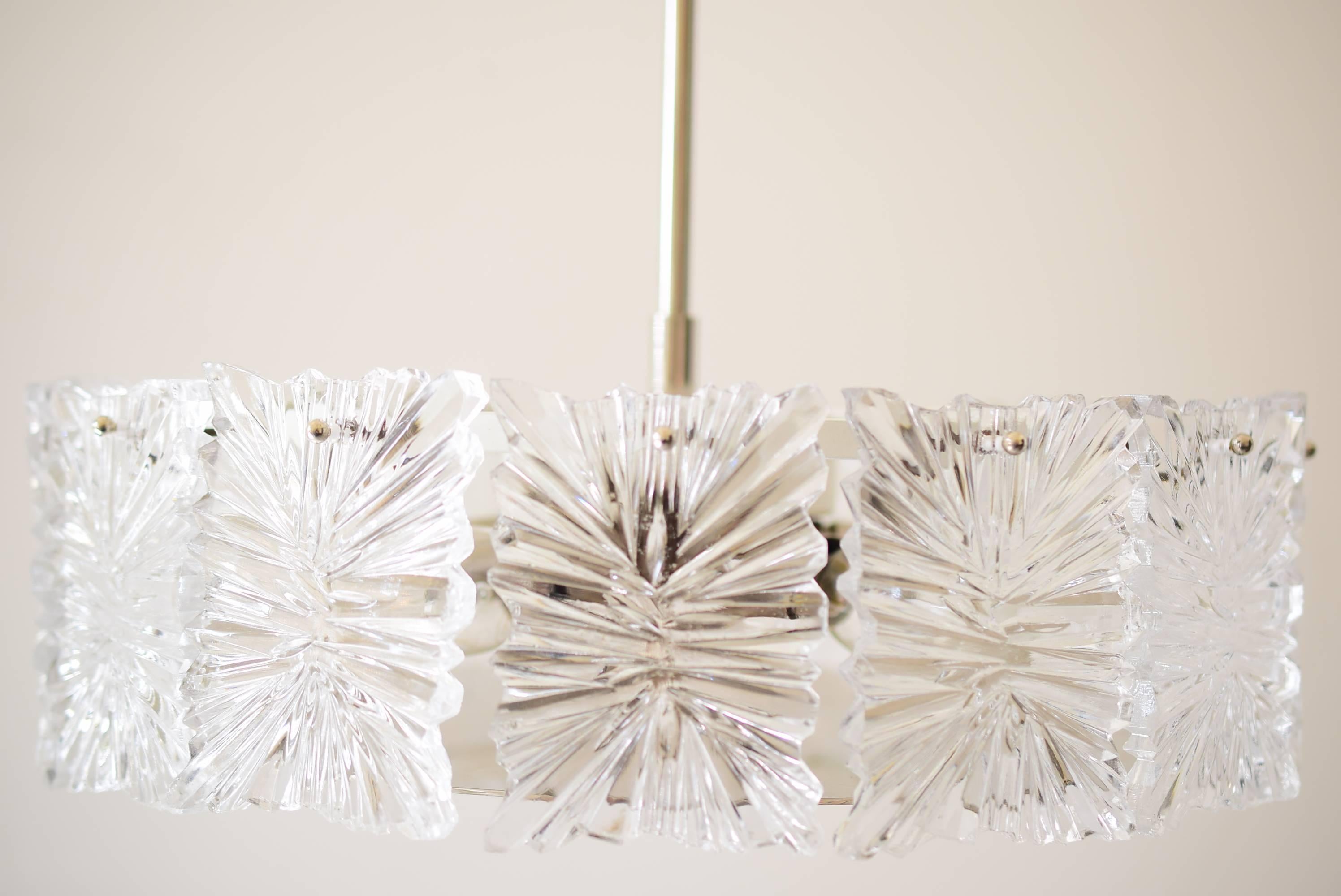 Mid-Century Modernist etched glass chandelier by Kinkeldey.
Original condition.