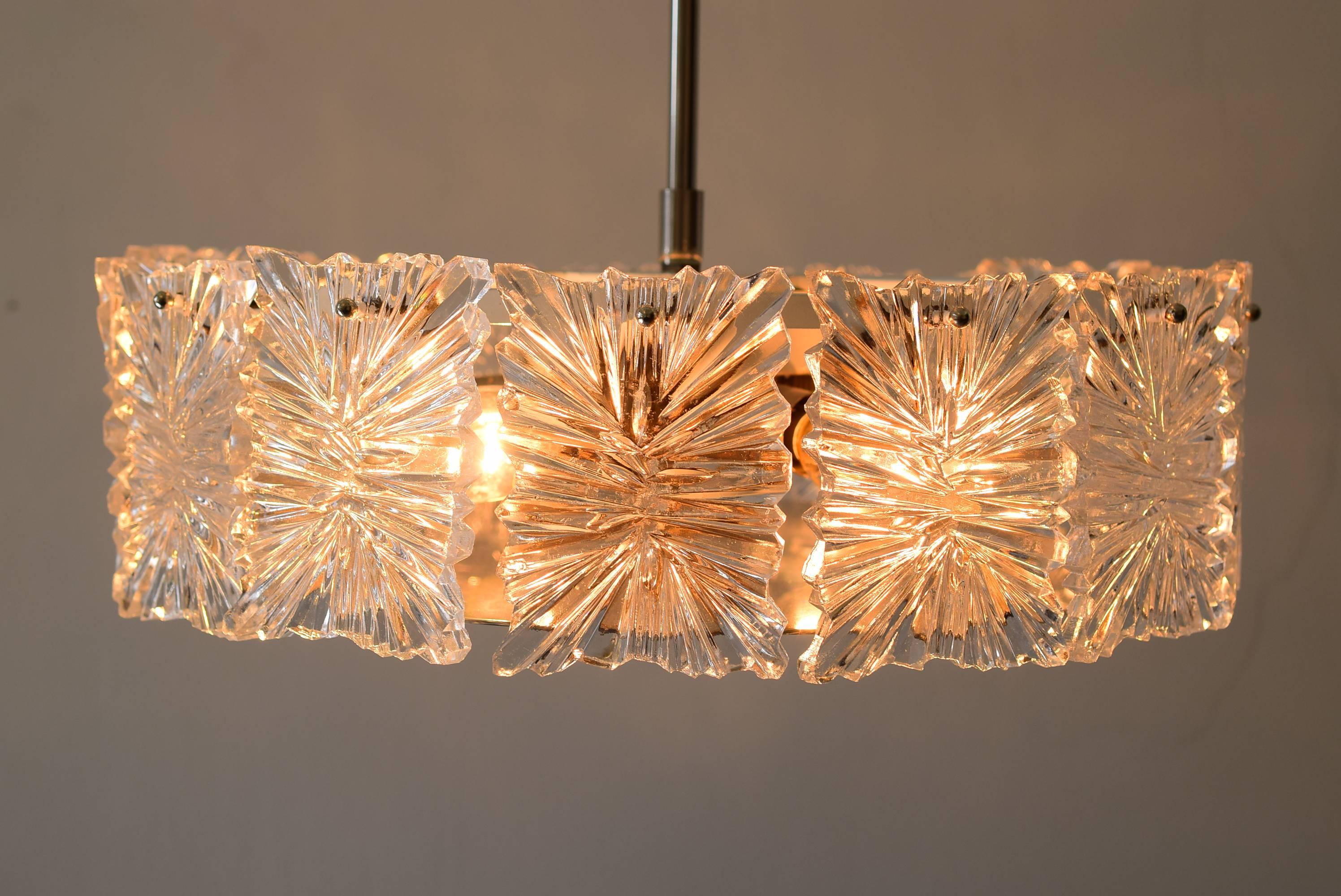 Mid-20th Century Mid-Century Modernist Etched Glass Chandelier by Kinkeldey For Sale