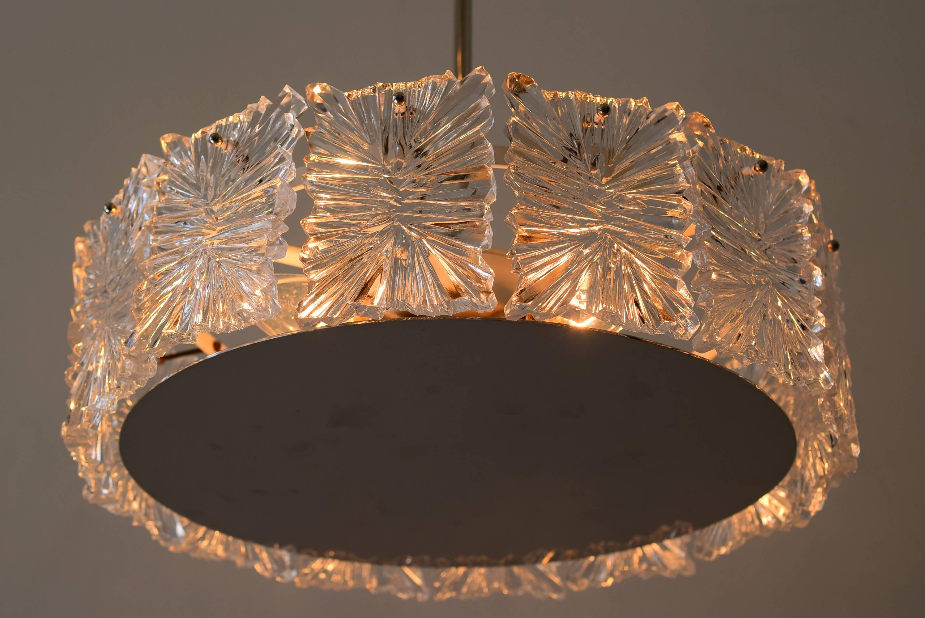 Brass Mid-Century Modernist Etched Glass Chandelier by Kinkeldey For Sale