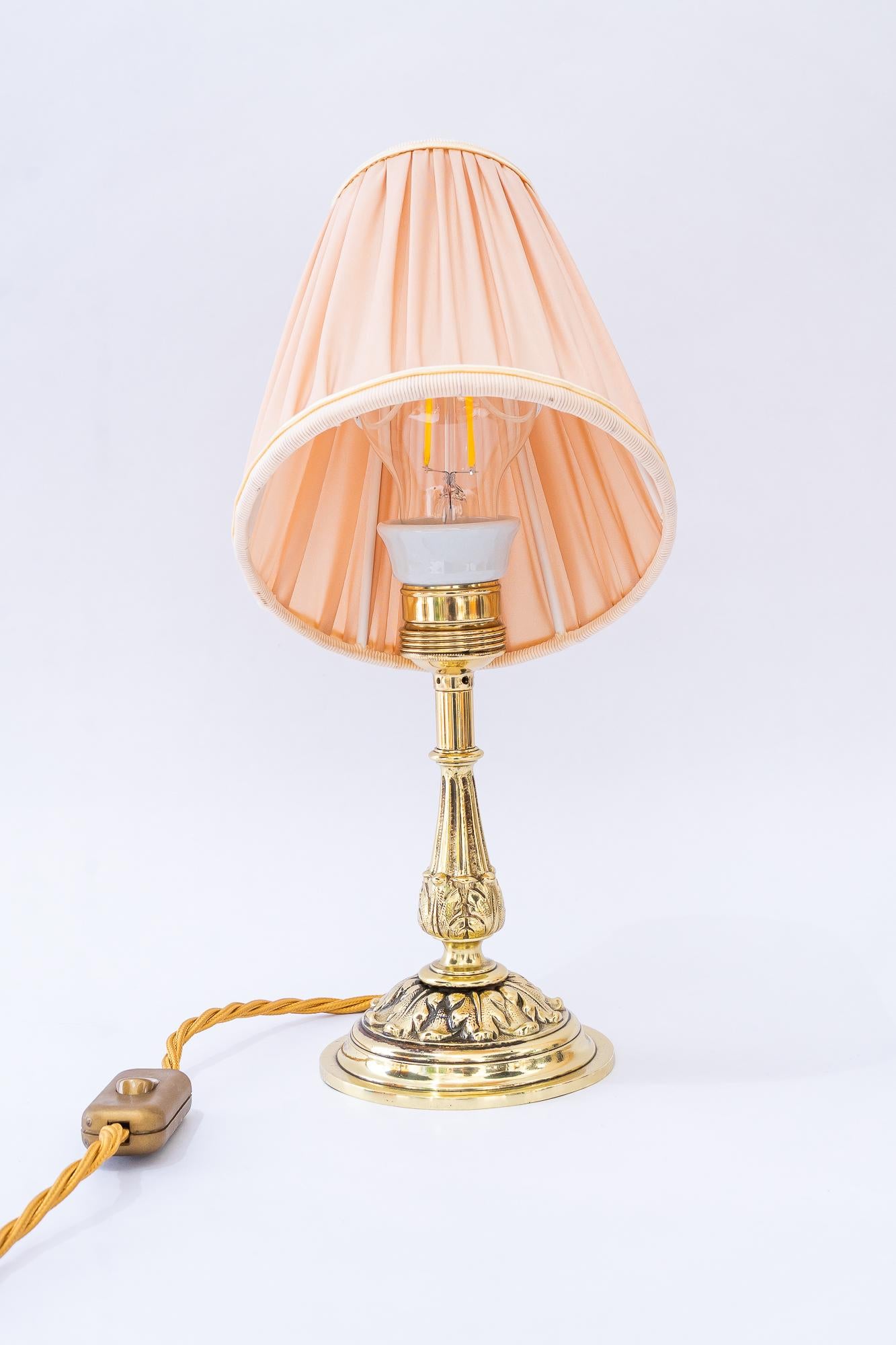 Austrian Historistic brass table lamp with fabric shade vienna around 1890s For Sale
