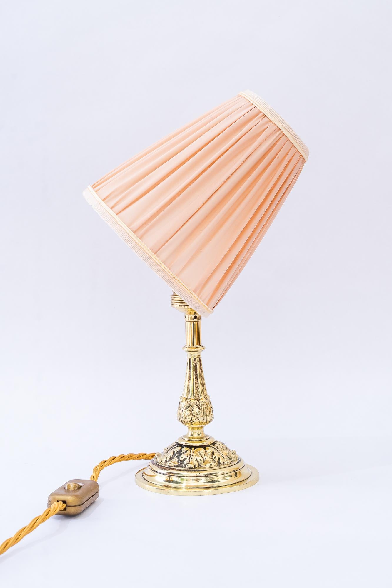 Lacquered Historistic brass table lamp with fabric shade vienna around 1890s For Sale
