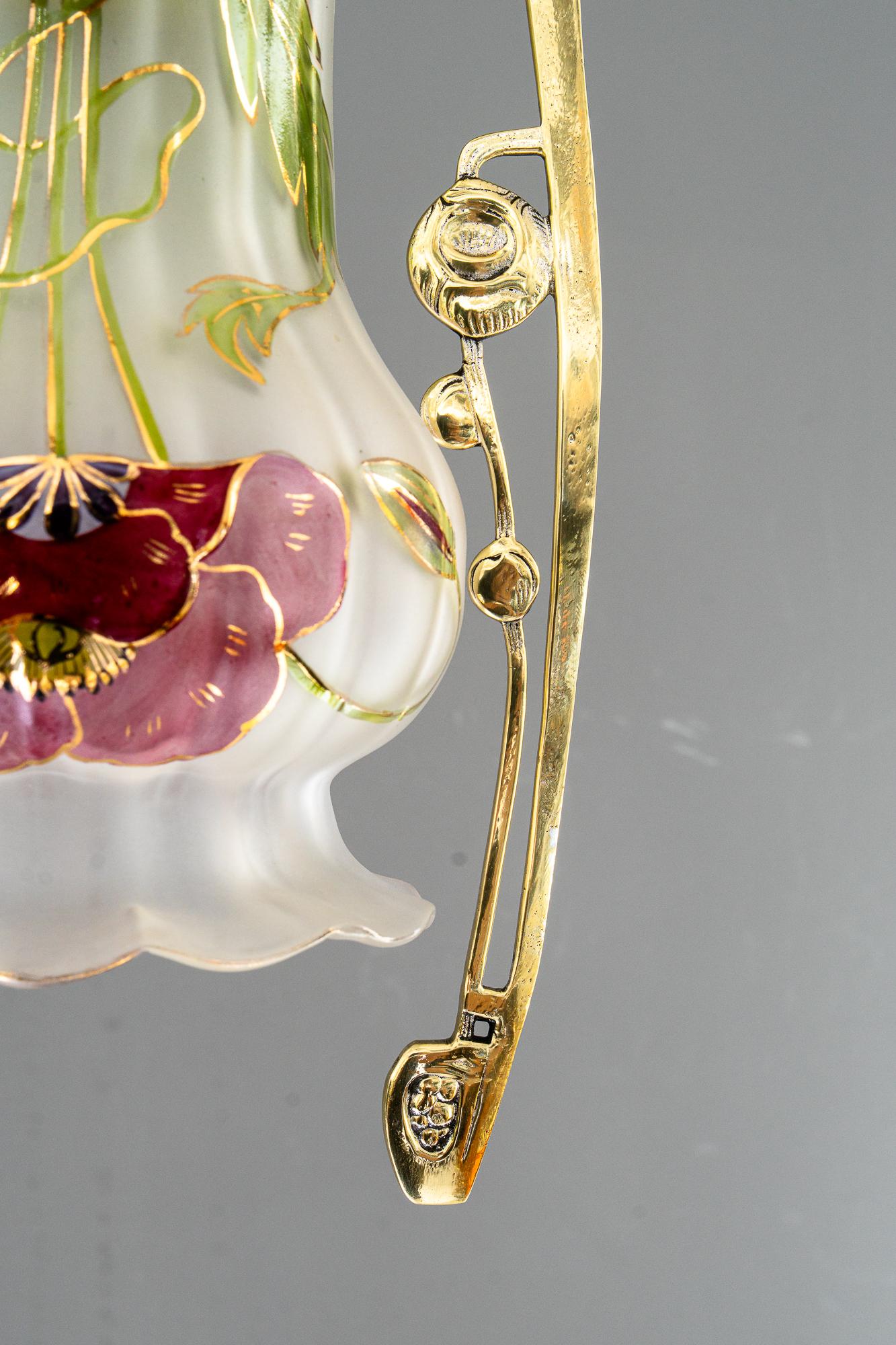 Ottone Lampada da soffitto Jugendstil con paralume originale dipinto a mano vienna 1908 circa in vendita