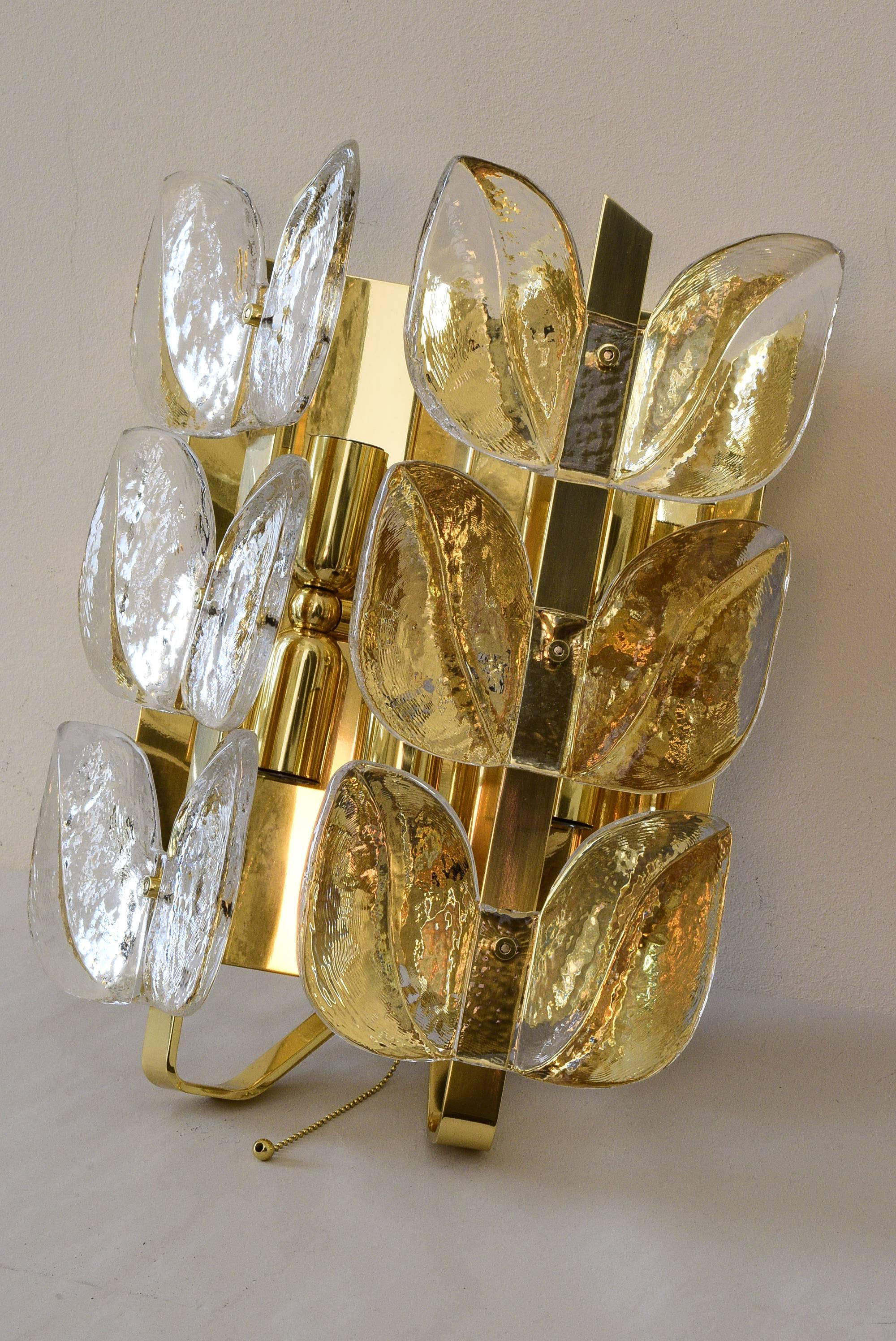 Mid-Century Modern Leaf Glass and Brass Sconces by J.T. Kalmar For Sale