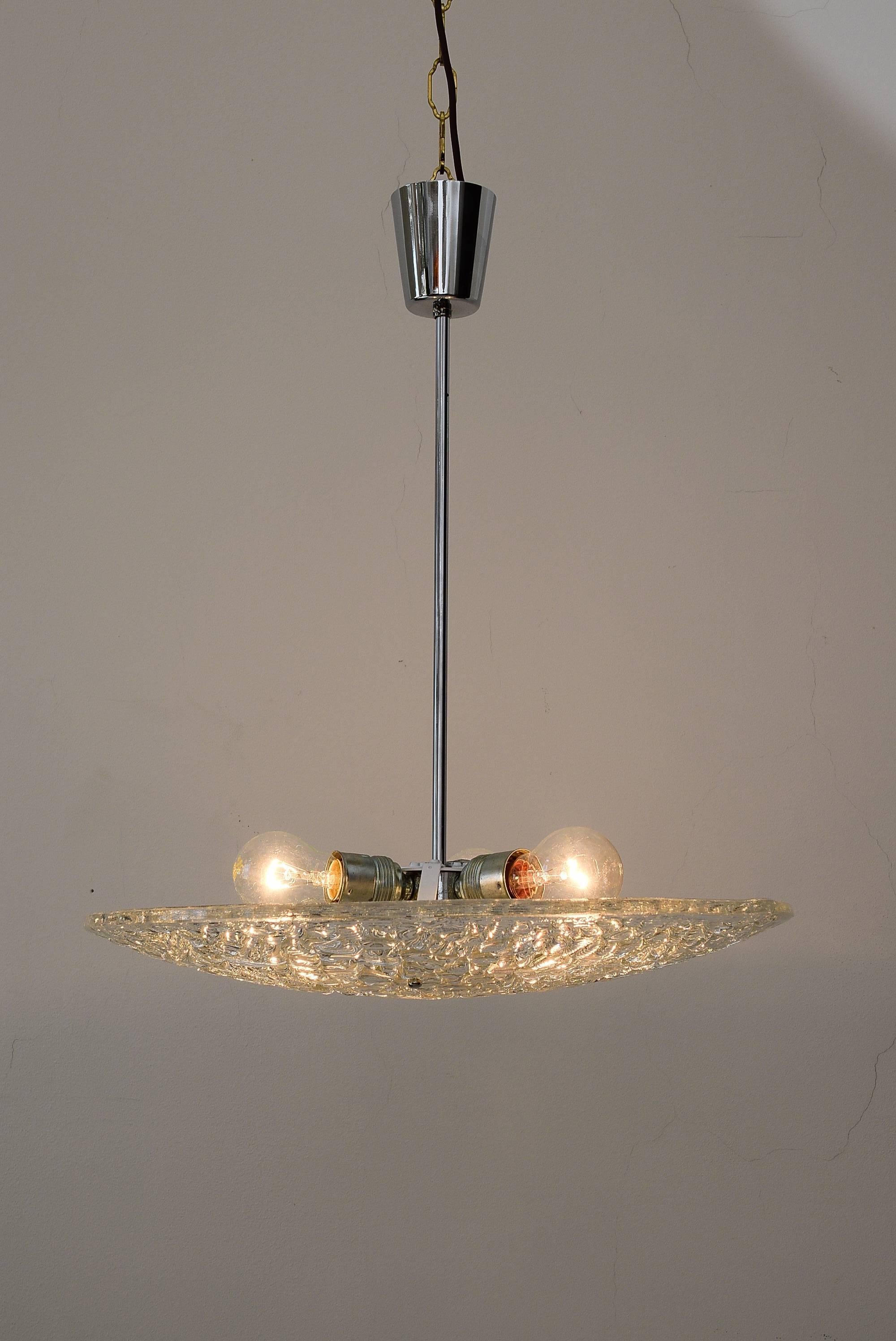 Plated Two Kalmar Lamps with Textured Glass, Vienna, 1950s For Sale