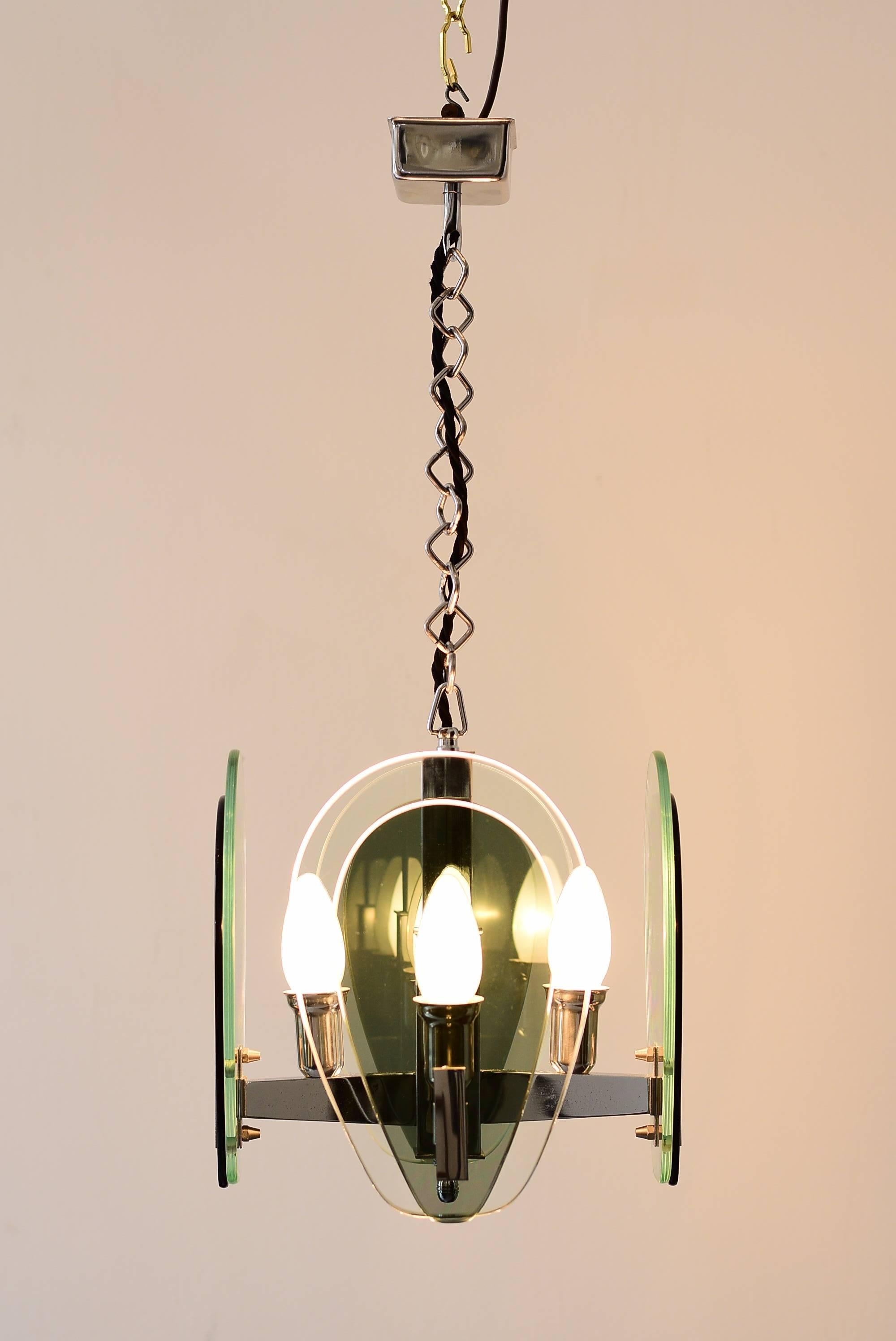 Mid-Century Modern Lampe à suspension en verre dans le style de Fontana Arte en vente