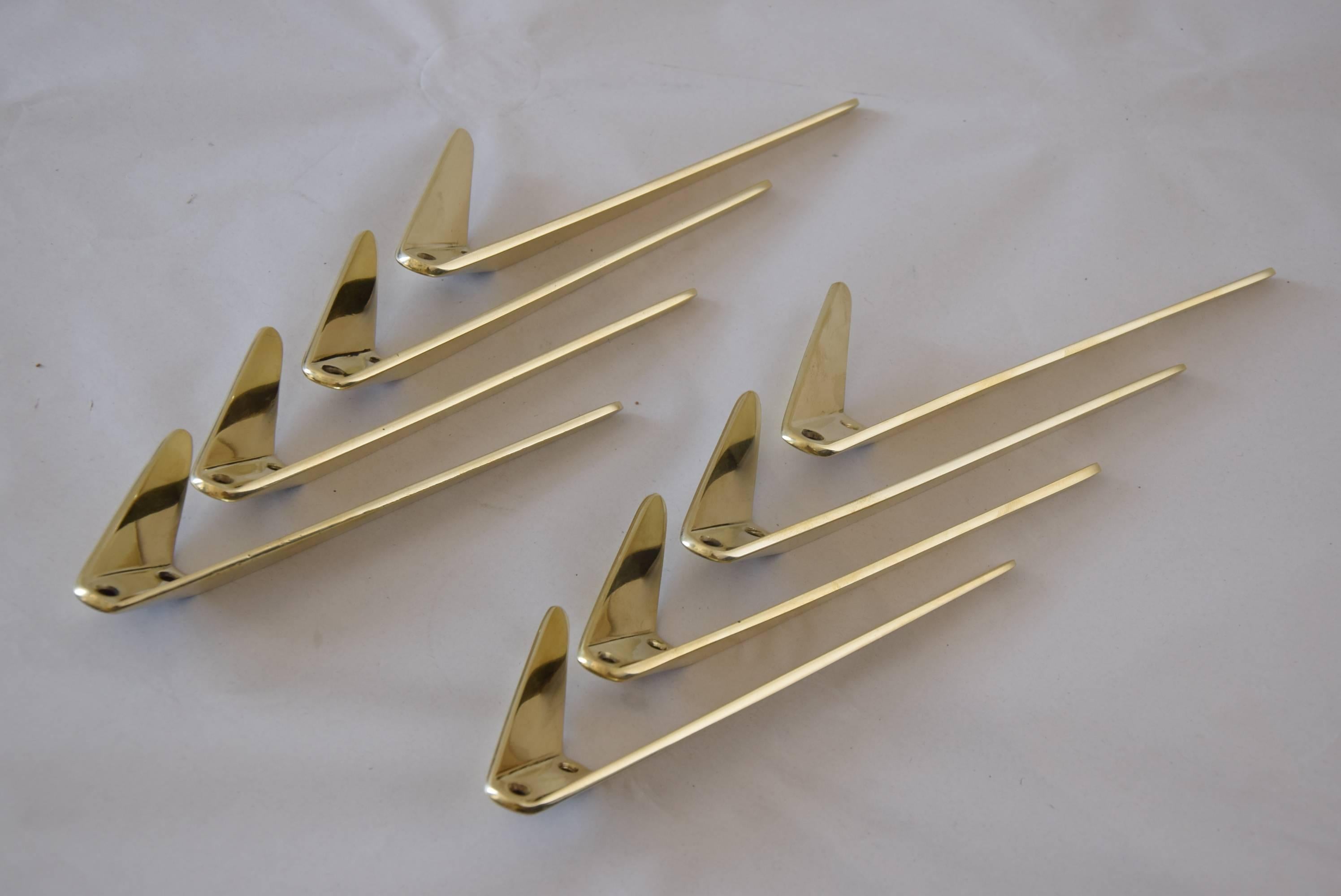 Mid-Century Modern Thirteen Asymmetric Modernist Brass Wall Hooks by Hertha Baller, Austria, 1950s