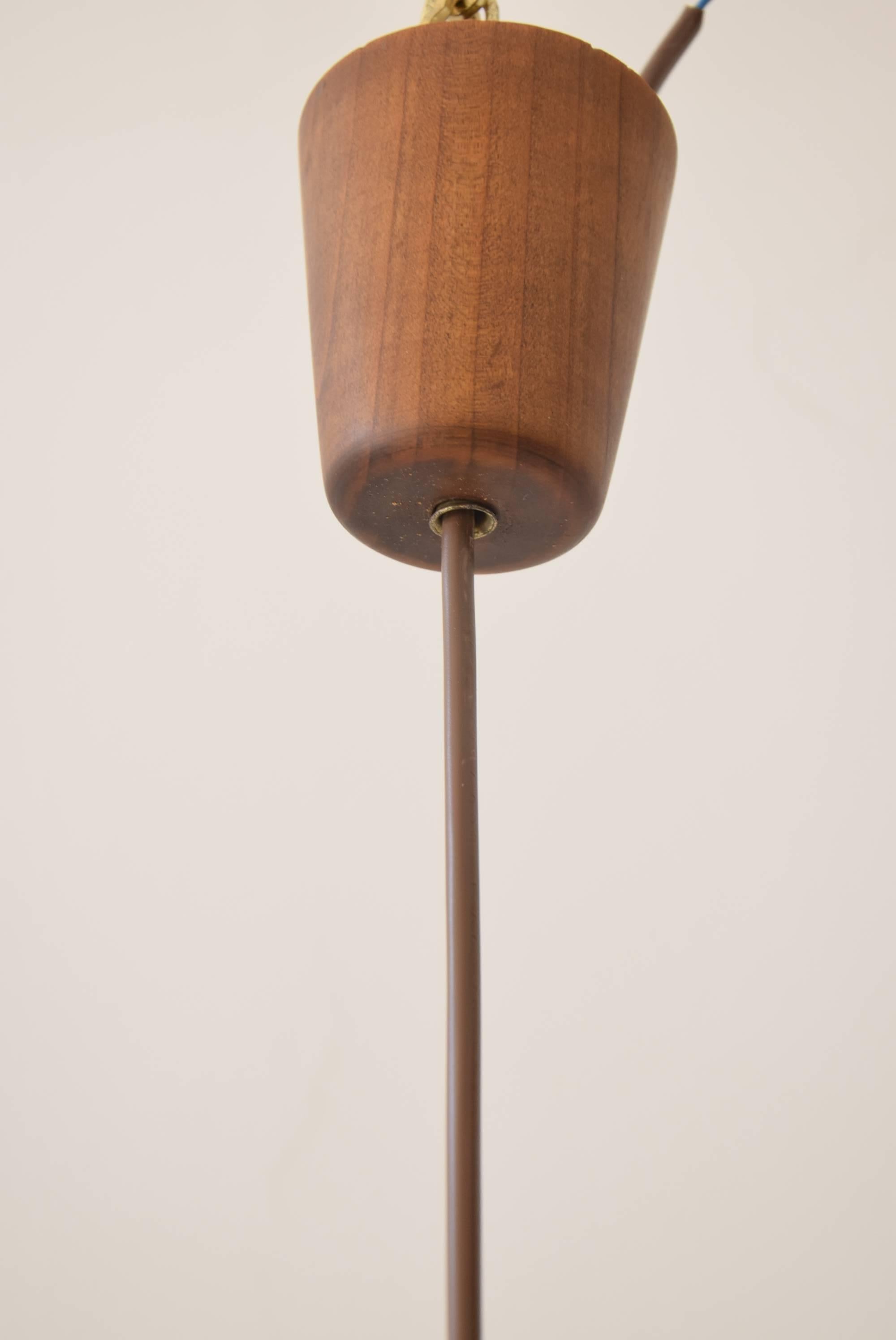 Lacquered Elegant Hanging Lamp of Copper and Teak Wood, circa 1960s