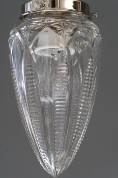 2 lampade da soffitto nichelate con paralumi originali in cristallo intagliato, Vienna, intorno al 1920